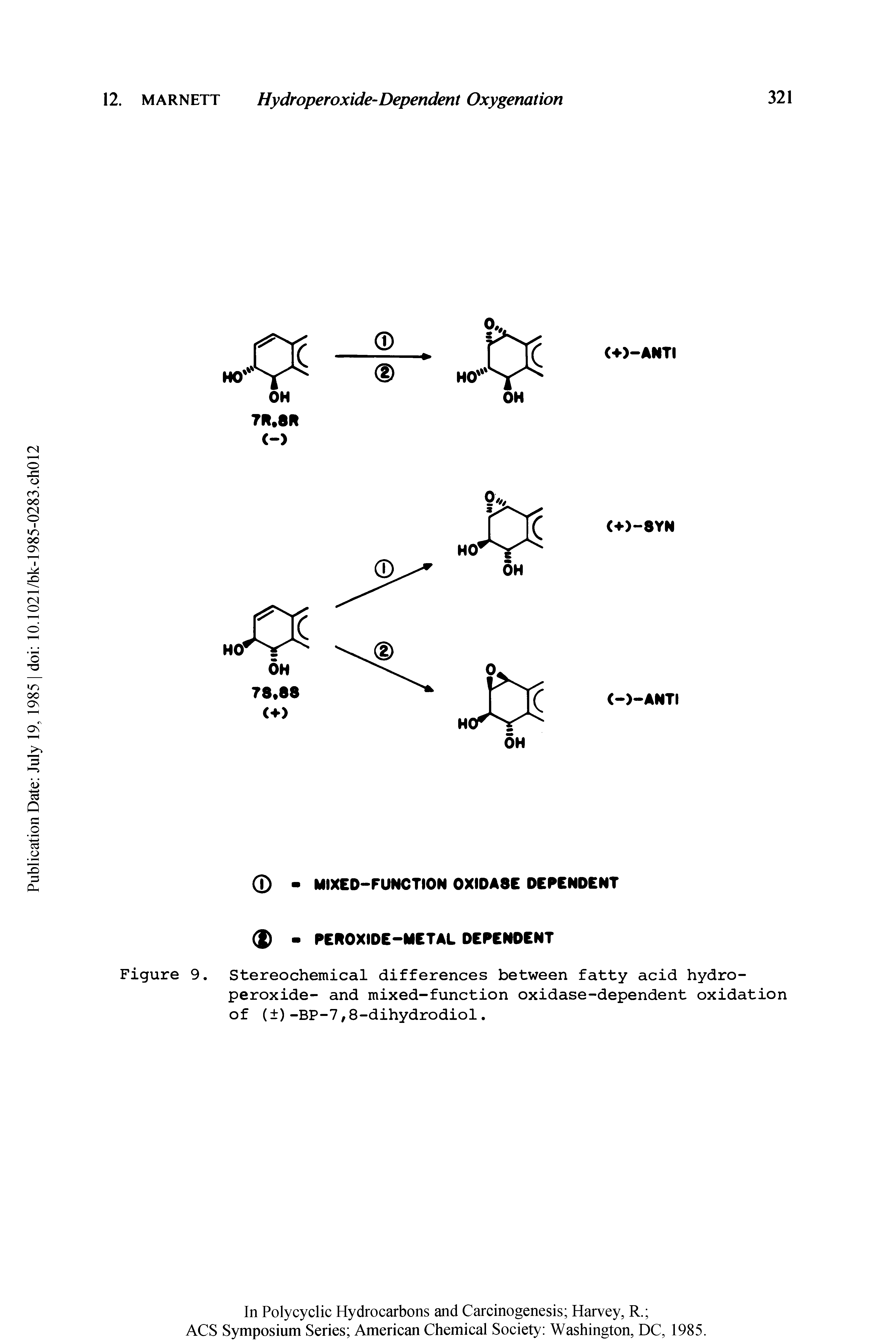 Figure 9. Stereochemical differences between fatty acid hydroperoxide- and mixed-function oxidase-dependent oxidation of ( ) -BP-7,8-dihydrodiol.