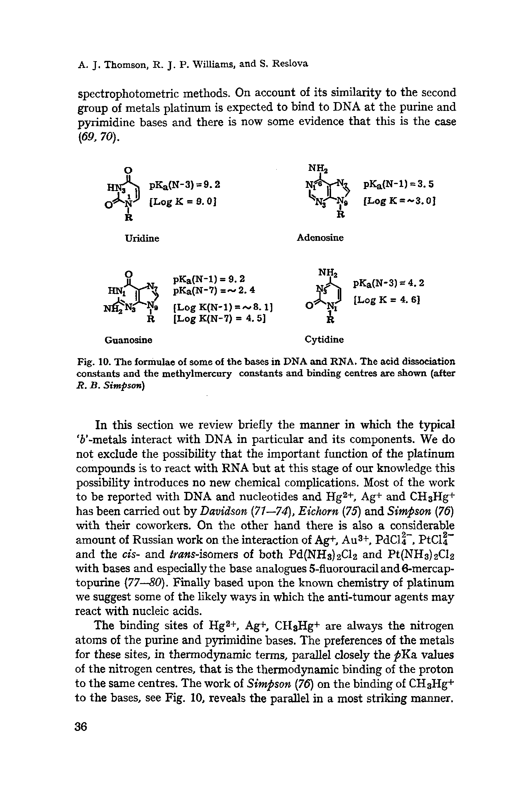 Fig. 10. The formulae of some of the bases in DNA and RNA. The acid dissociation constants and the methylmercury constants and binding centres axe shown (after R. B. Simpson)...