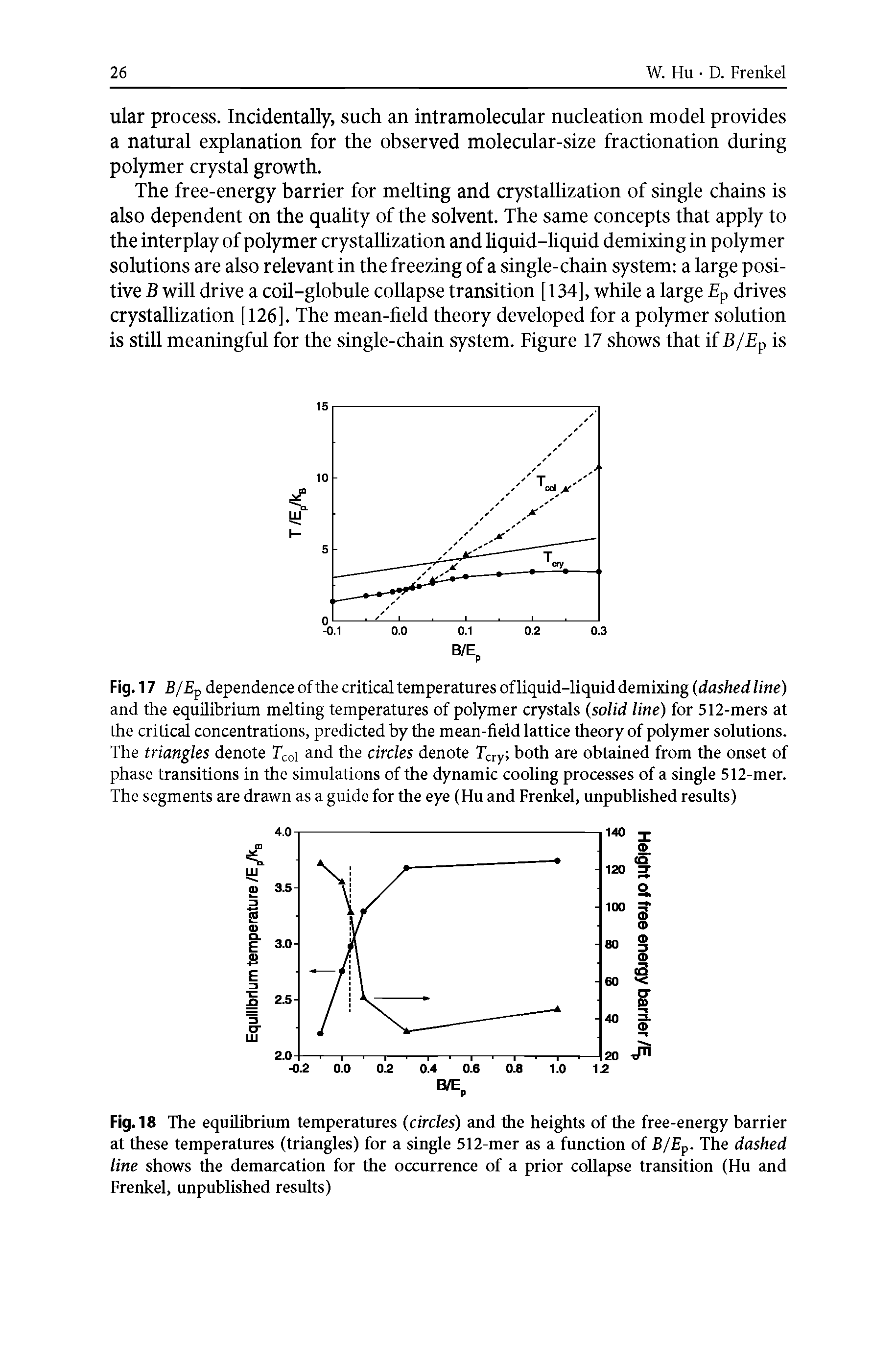 Fig. 18 The equilibrium temperatures (circles) and the heights of the free-energy barrier at these temperatures (triangles) for a single 512-mer as a function of B/Ep. The dashed line shows the demarcation for the occurrence of a prior collapse transition (Hu and Frenkel, unpublished results)...