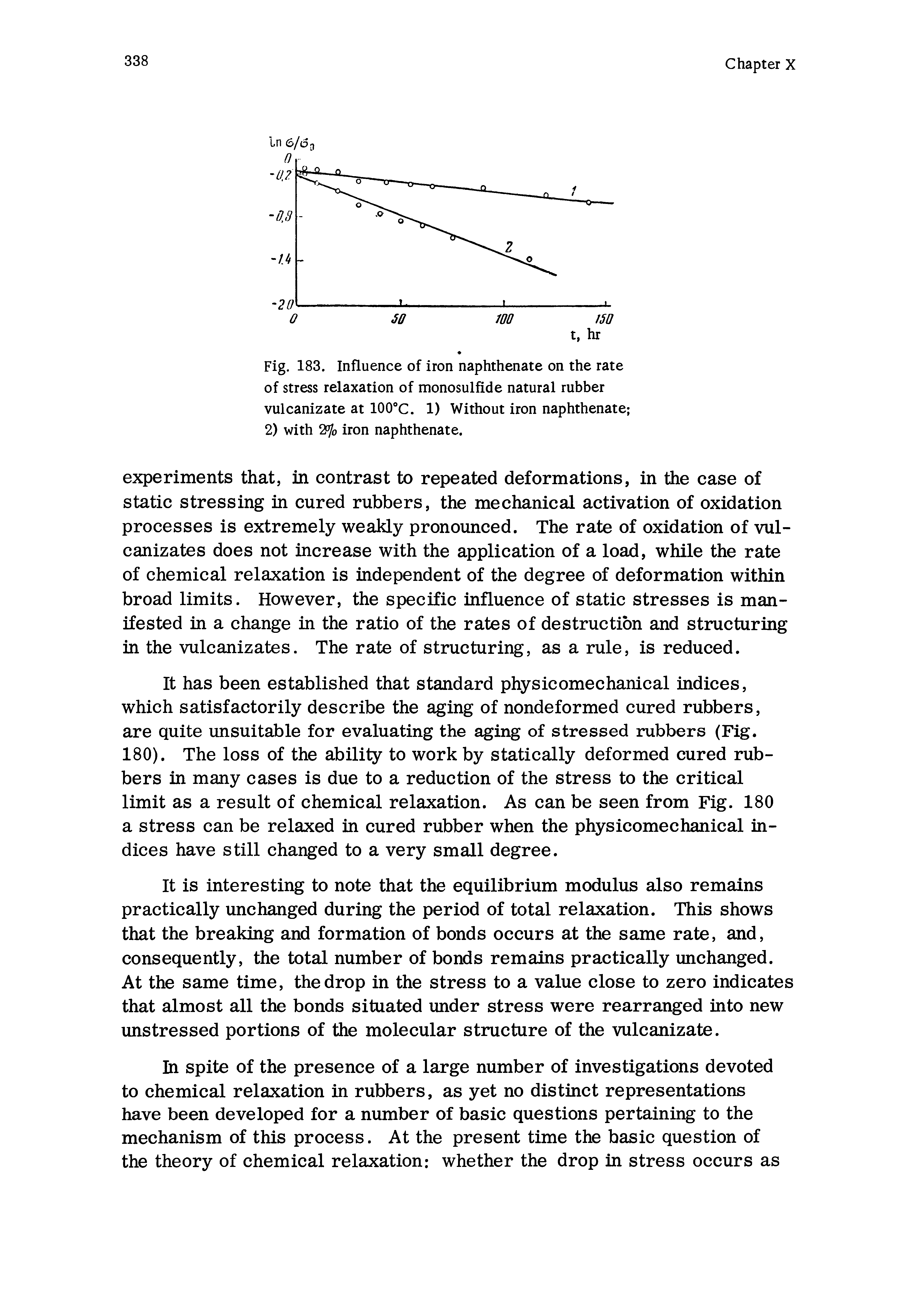 Fig. 183. Influence of iron naphthenate on the rate of stress relaxation of monosulfide natural rubber vulcanizate at lOO C. 1) Without iron naphthenate 2) with 21 0 iron naphthenate.