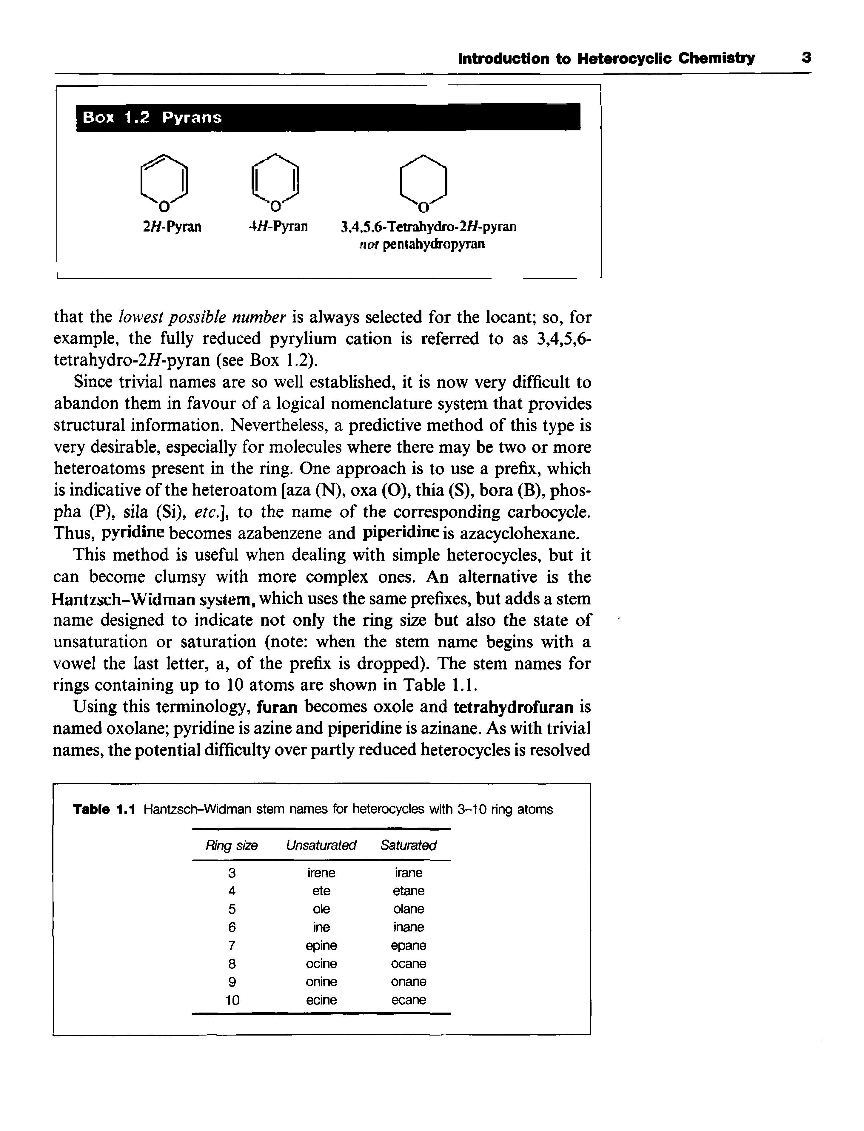 Table 1.1 Hantzsch-Widman stem names for heterocycles with 3-10 ring atoms...