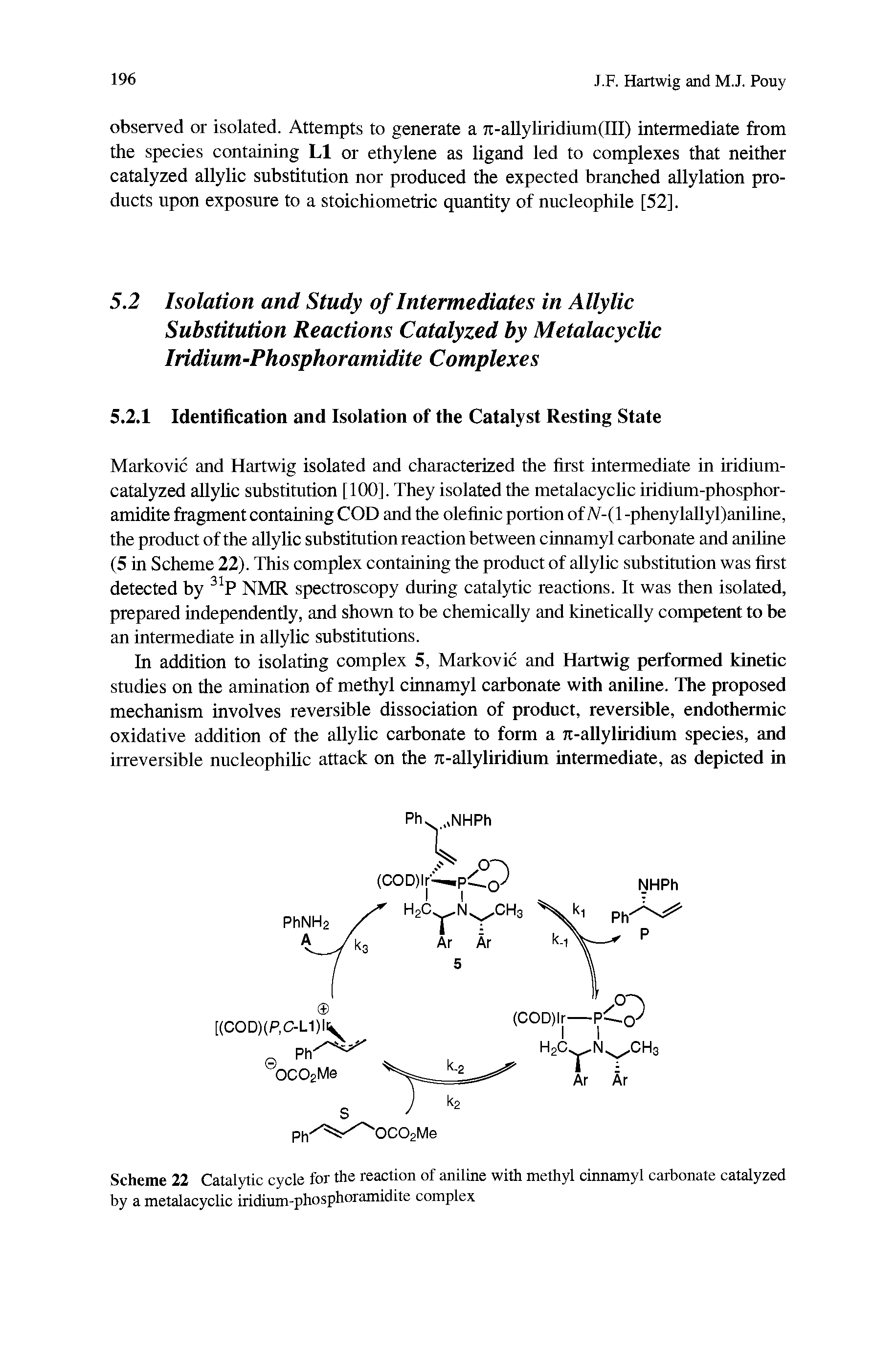 Scheme 22 Catalytic cycle for the reaction of aniline with methyl cinnamyl carbonate catalyzed by a metalacyclic iridium-phosphoramidite complex...