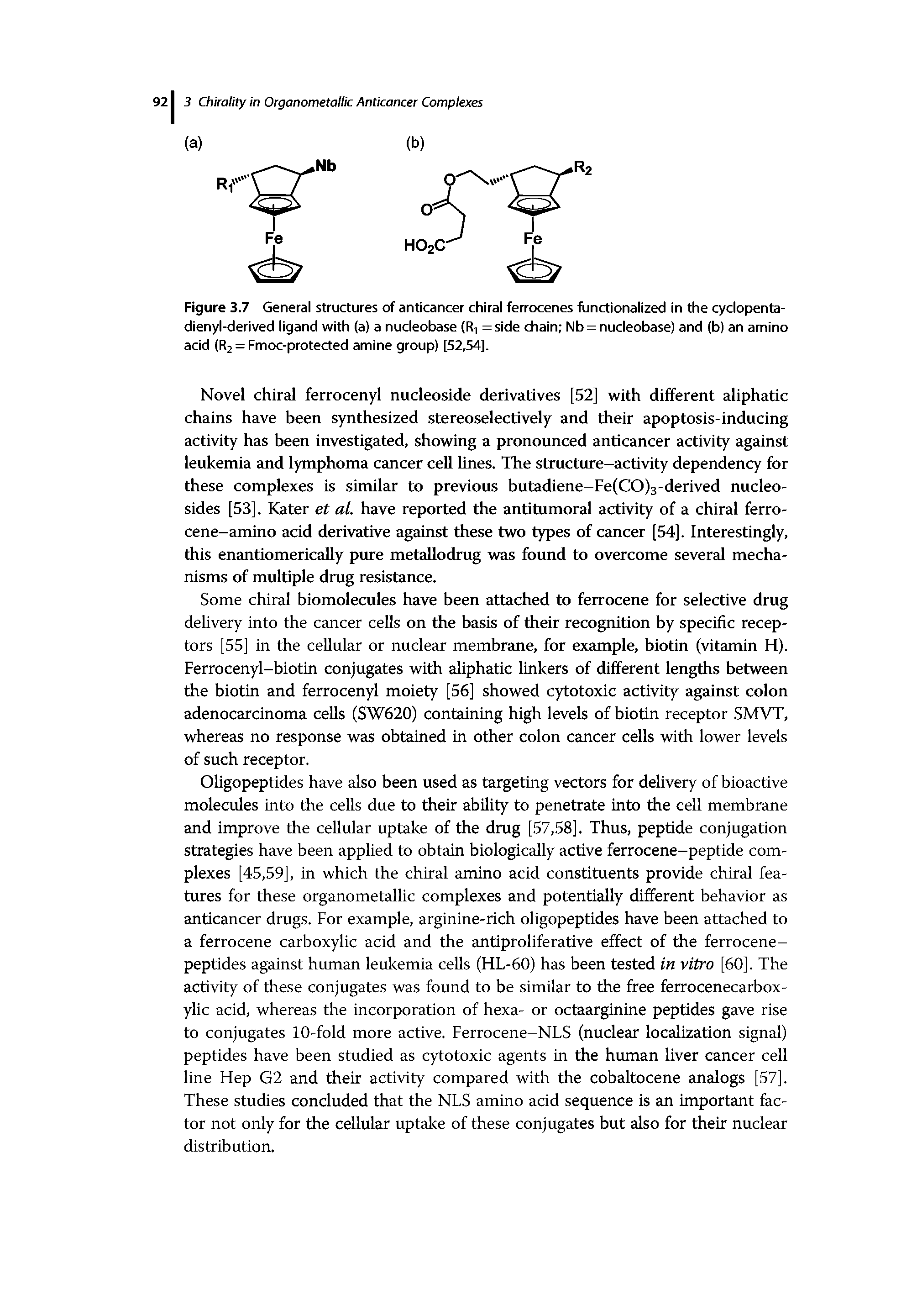 Figure 3.7 General structures of anticancer chiral ferrocenes functionalized in the cyclopenta-dienyl-derived ligand with (a) a nucleobase (R, =side chain Nb = nucleobase) and (b) an amino acid (R2 = Fmoc-protected amine group) [52,54].