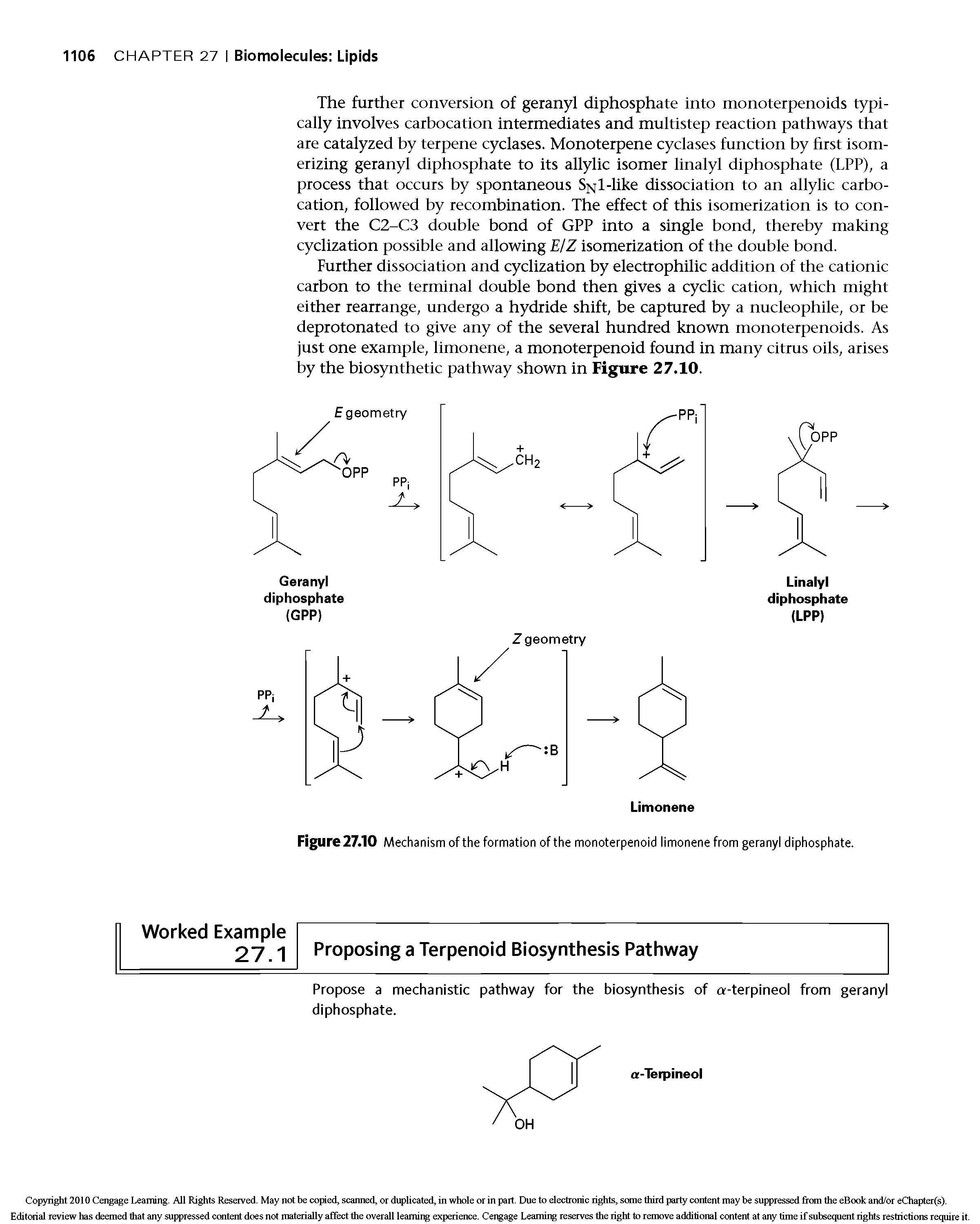 Figure 27.10 Mechanism of the formation of the monoterpenoid limonene from geranyl diphosphate.