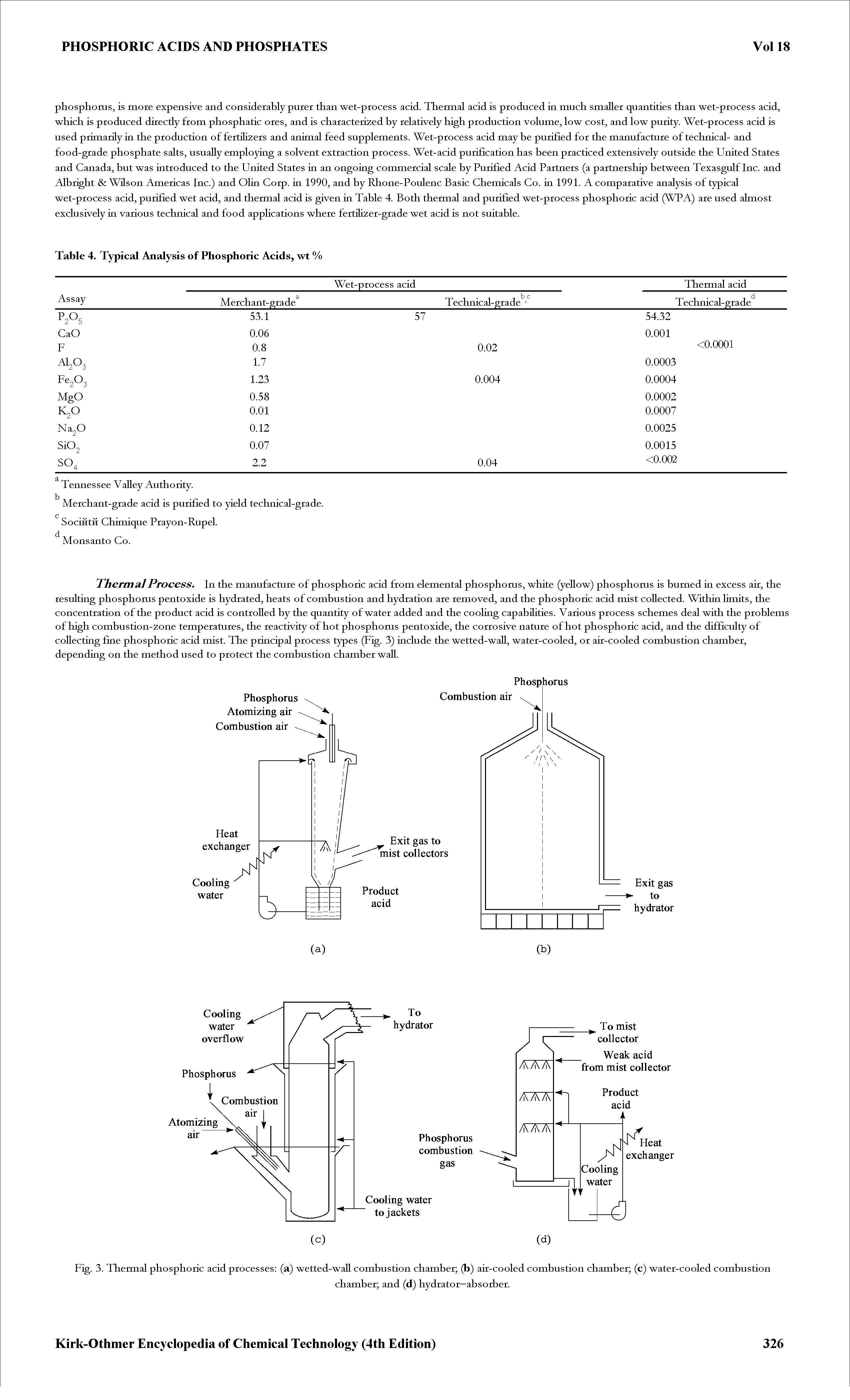 Fig. 3. Thermal phosphoric acid processes (a) wetted-waH combustion chamber (b) air-cooled combustion chamber (c) water-cooled combustion...