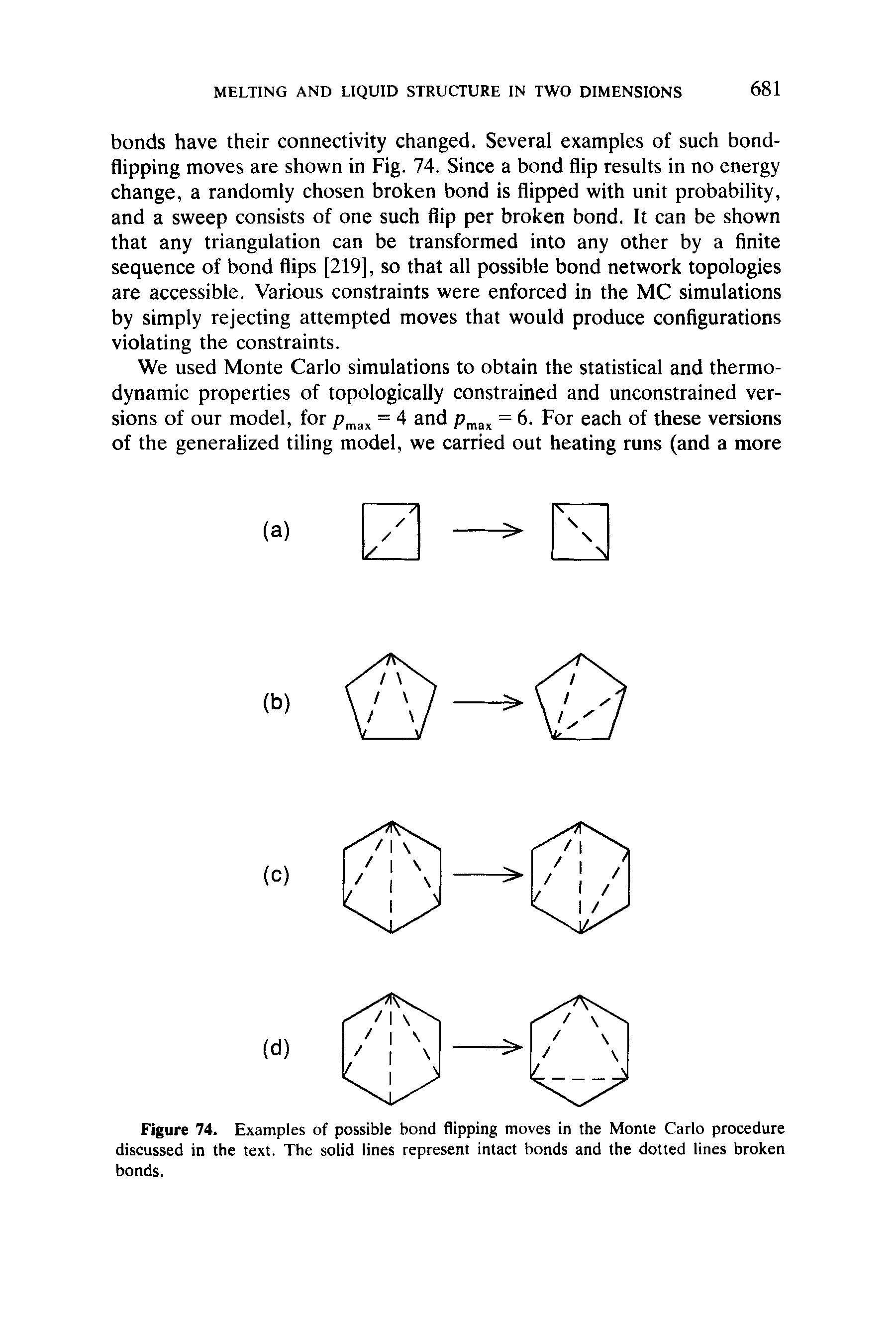 Figure 74. Examples of possible bond flipping moves in the Monte Carlo procedure discussed in the text. The solid lines represent intact bonds and the dotted lines broken bonds.