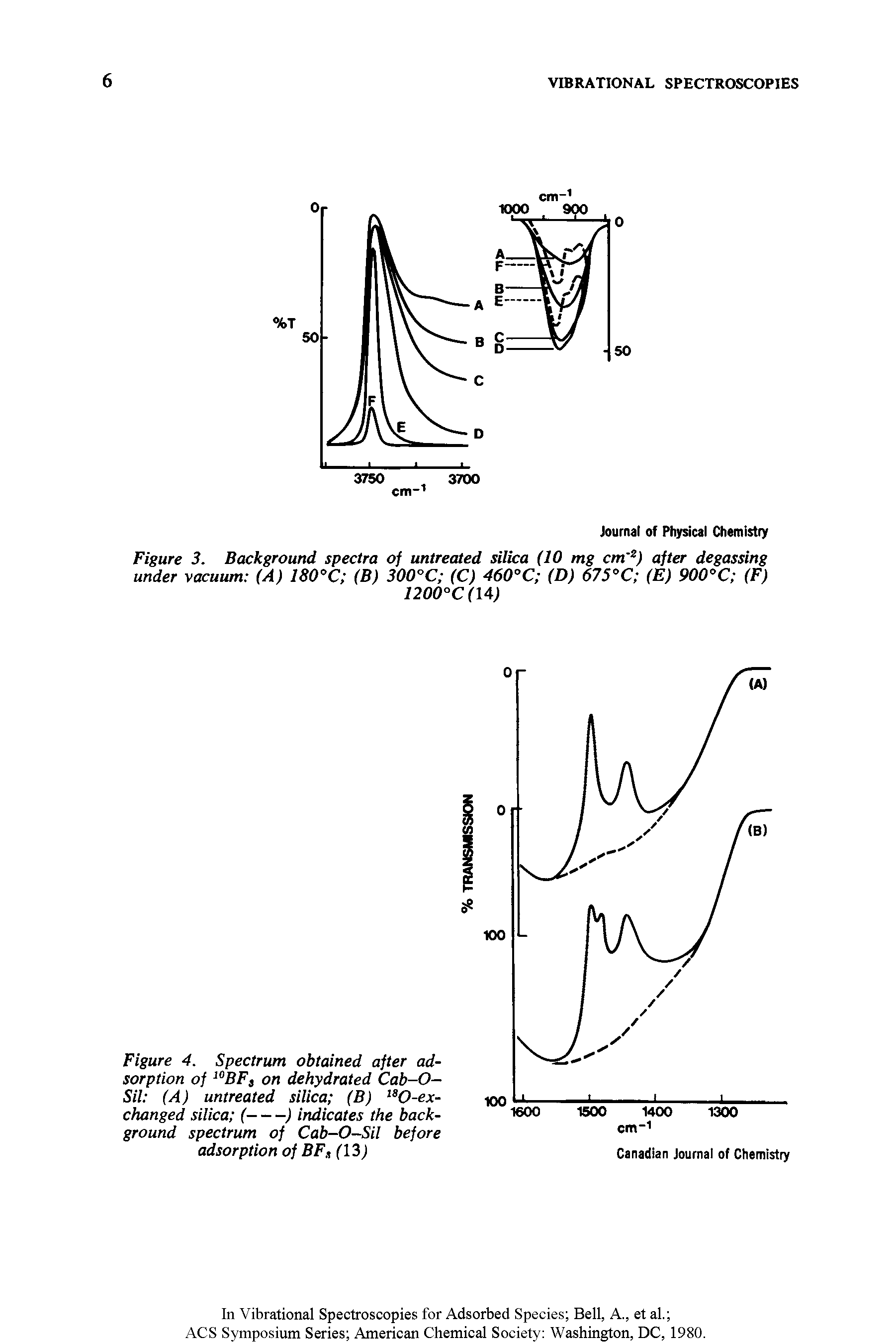 Figure 4. Spectrum obtained after adsorption of 10BFa on dehydrated Cab-O-Sil (A) untreated silica (B) 18O-exchanged silica (---) indicates the back-...