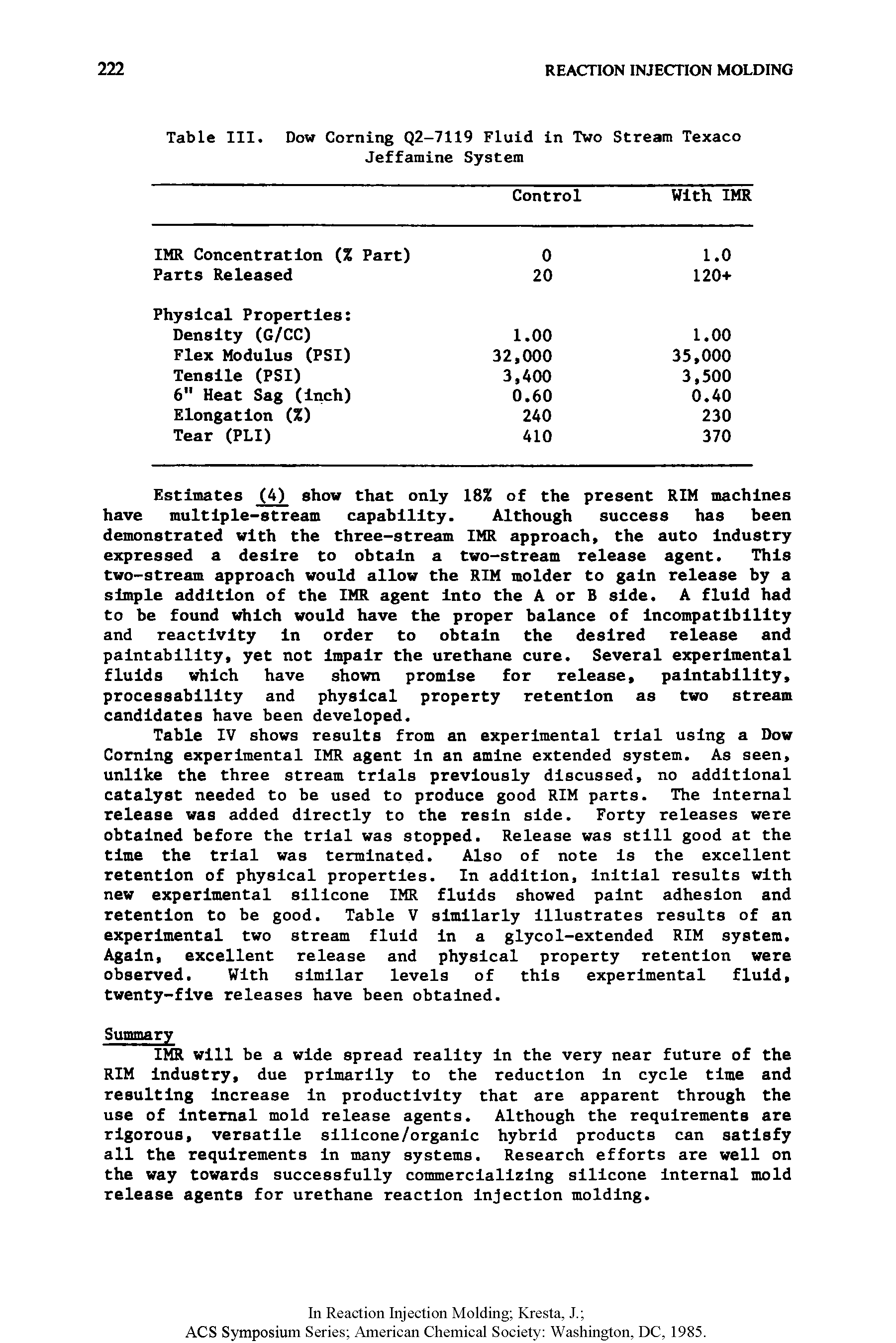 Table IV shows results from an experimental trial using a Dow Corning experimental IMR agent in an amine extended system. As seen, unlike the three stream trials previously discussed, no additional catalyst needed to be used to produce good RIM parts. The internal release was added directly to the resin side. Forty releases were obtained before the trial was stopped. Release was still good at the time the trial was terminated. Also of note is the excellent retention of physical properties. In addition, initial results with new experimental silicone IMR fluids showed paint adhesion and retention to be good. Table V similarly illustrates results of an experimental two stream fluid in a glycol-extended RIM system. Again, excellent release and physical property retention were observed. With similar levels of this experimental fluid, twenty-five releases have been obtained.