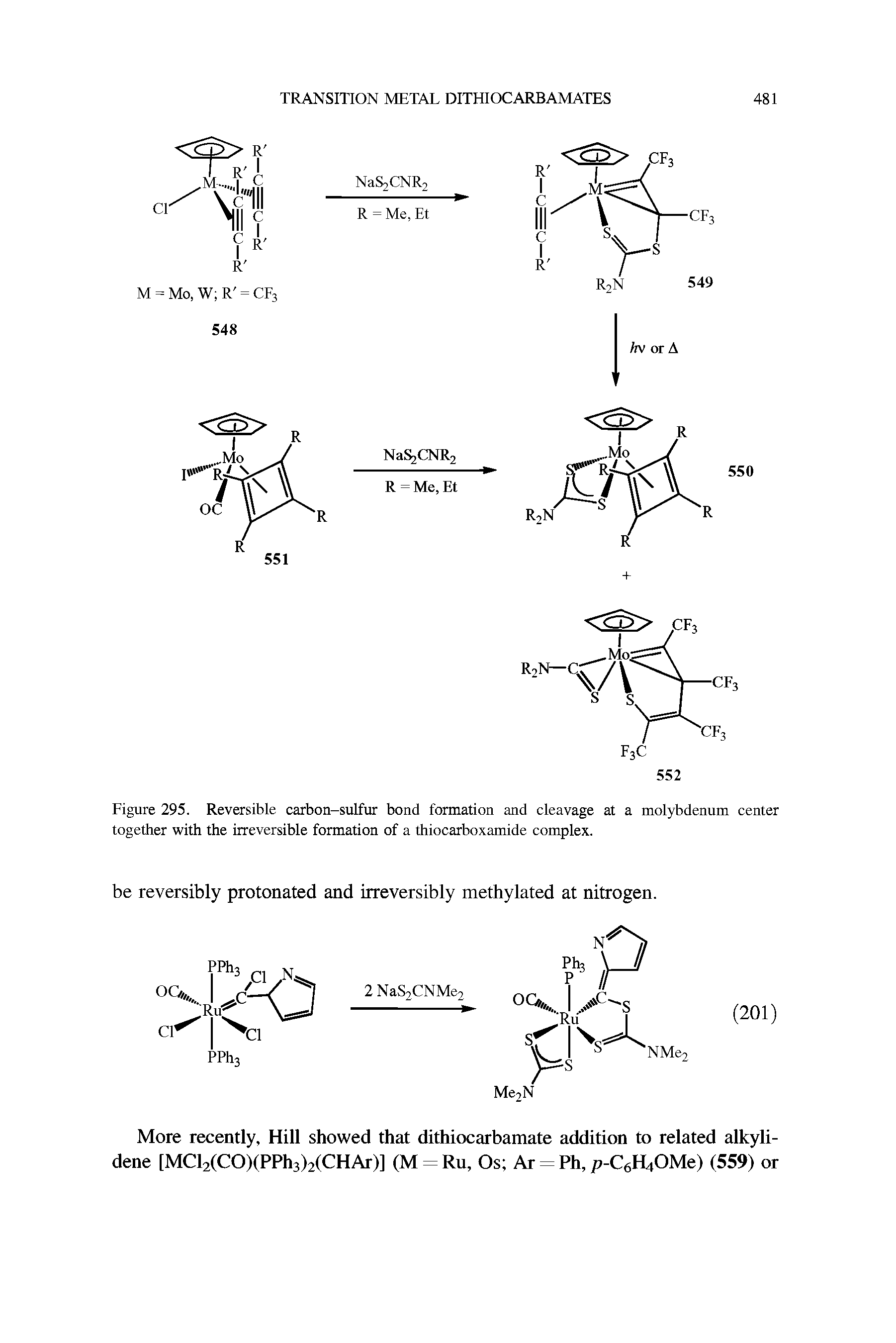 Figure 295. Reversible carbon-sulfur bond formation and cleavage at a molybdenum center together with the irreversible formation of a thiocarboxamide complex.