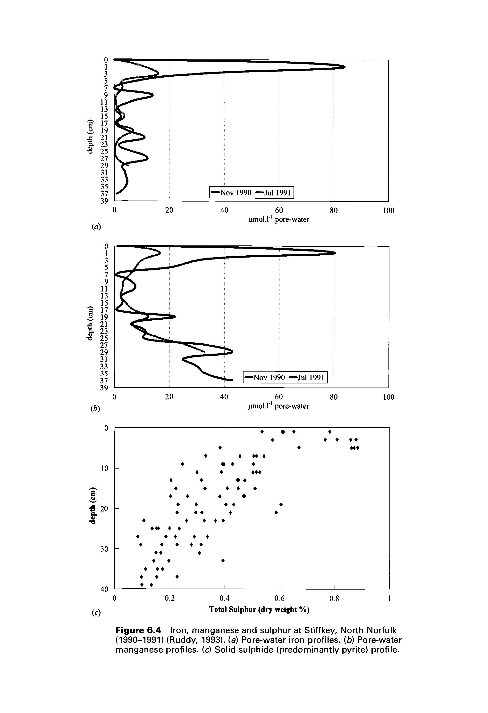 Figure 6.4 Iron, manganese and sulphur at Stiffkey, North Norfolk (1990-1991) (Ruddy, 1993). (a) Pore-water iron profiles, (b) Pore-water manganese profiles, (c) Solid sulphide (predominantly pyrite) profile.