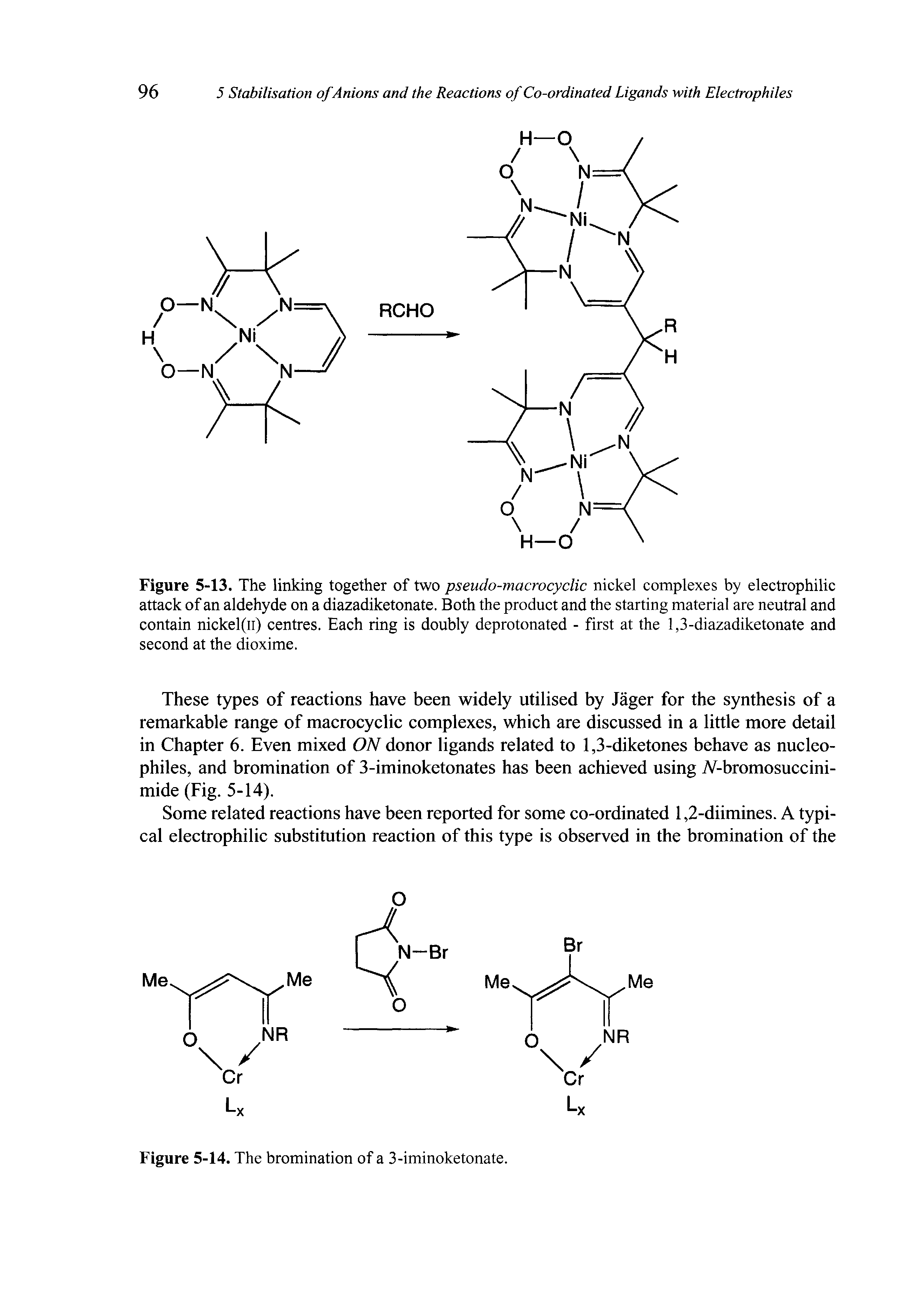 Figure 5-13. The linking together of two pseudo-macrocyclic nickel complexes by electrophilic attack of an aldehyde on a diazadiketonate. Both the product and the starting material are neutral and contain nickel(n) centres. Each ring is doubly deprotonated - first at the 1,3-diazadiketonate and second at the dioxime.