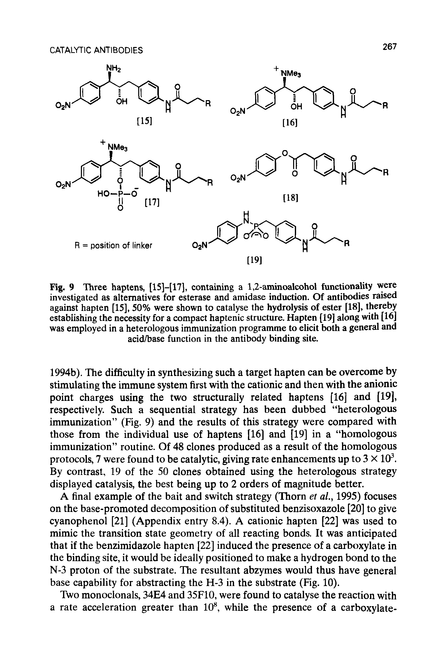Fig. 9 Three haptens, [15]—[17], containing a 1,2-aminoalcohol functionality were investigated as alternatives for esterase and amidase induction. Of antibodies raised against hapten [15], 50% were shown to catalyse the hydrolysis of ester [18], thereby establishing the necessity for a compact haptenic structure. Hapten [19] along with [16] was employed in a heterologous immunization programme to elicit both a general and acid/base function in the antibody binding site.
