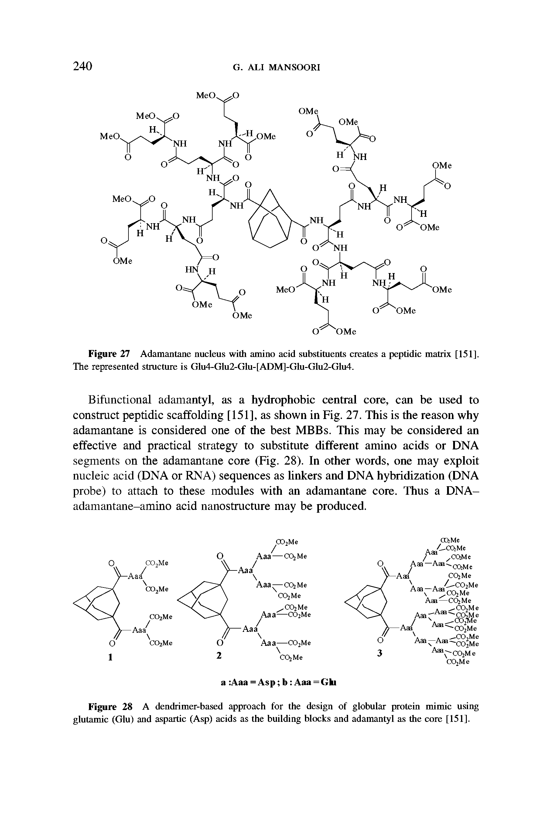 Figure 28 A dendrimer-based approach for the design of globular protein mimic using glutamic (Glu) and aspartic (Asp) acids as the building blocks and adamantyl as the core [151].