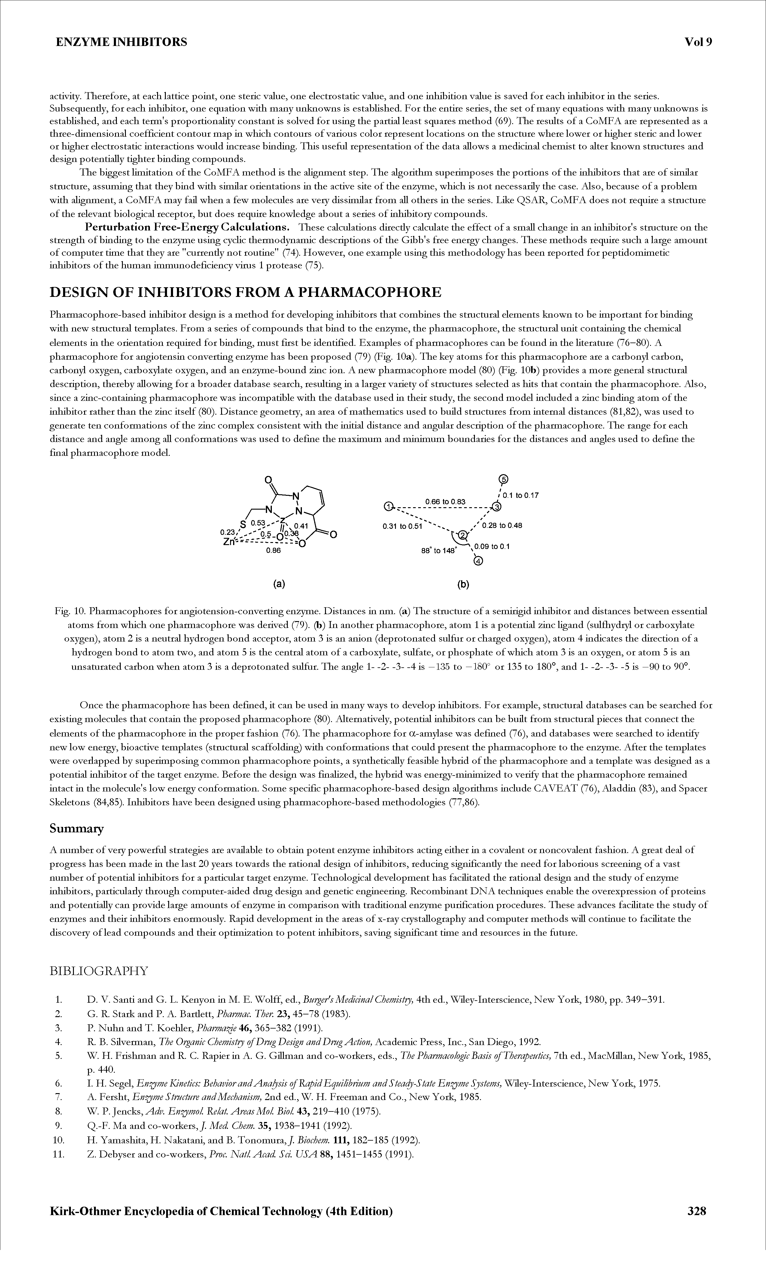 Fig. 10. Pharmacophores for angiotension-converting enzyme. Distances in nm. (a) The stmcture of a semirigid inhibitor and distances between essential atoms from which one pharmacophore was derived (79). (b) In another pharmacophore, atom 1 is a potential zinc ligand (sulfhydryl or carboxylate oxygen), atom 2 is a neutral hydrogen bond acceptor, atom 3 is an anion (deprotonated sulfur or charged oxygen), atom 4 indicates the direction of a hydrogen bond to atom two, and atom 5 is the central atom of a carboxylate, sulfate, or phosphate of which atom 3 is an oxygen, or atom 5 is an unsaturated carbon when atom 3 is a deprotonated sulfur. The angle 1- -2- -3- -4 is —135 to —180° or 135 to 180°, and 1- -2- -3- -5 is —90 to 90°.