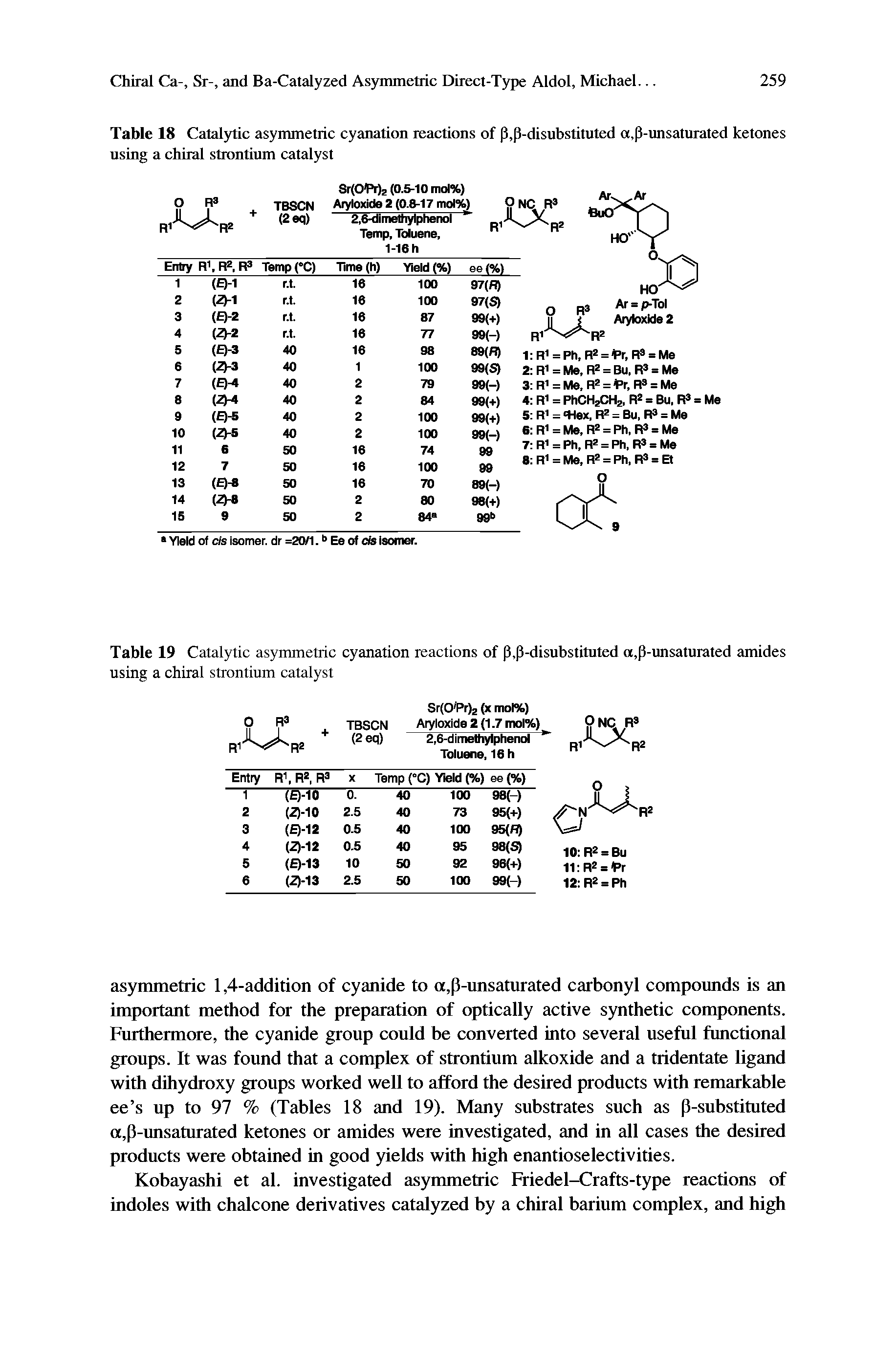 Table 18 Catalytic asymmetric cyanation reactions of p,p-disubstituted a,p-imsaturated ketones using a chiral strontium catalyst...