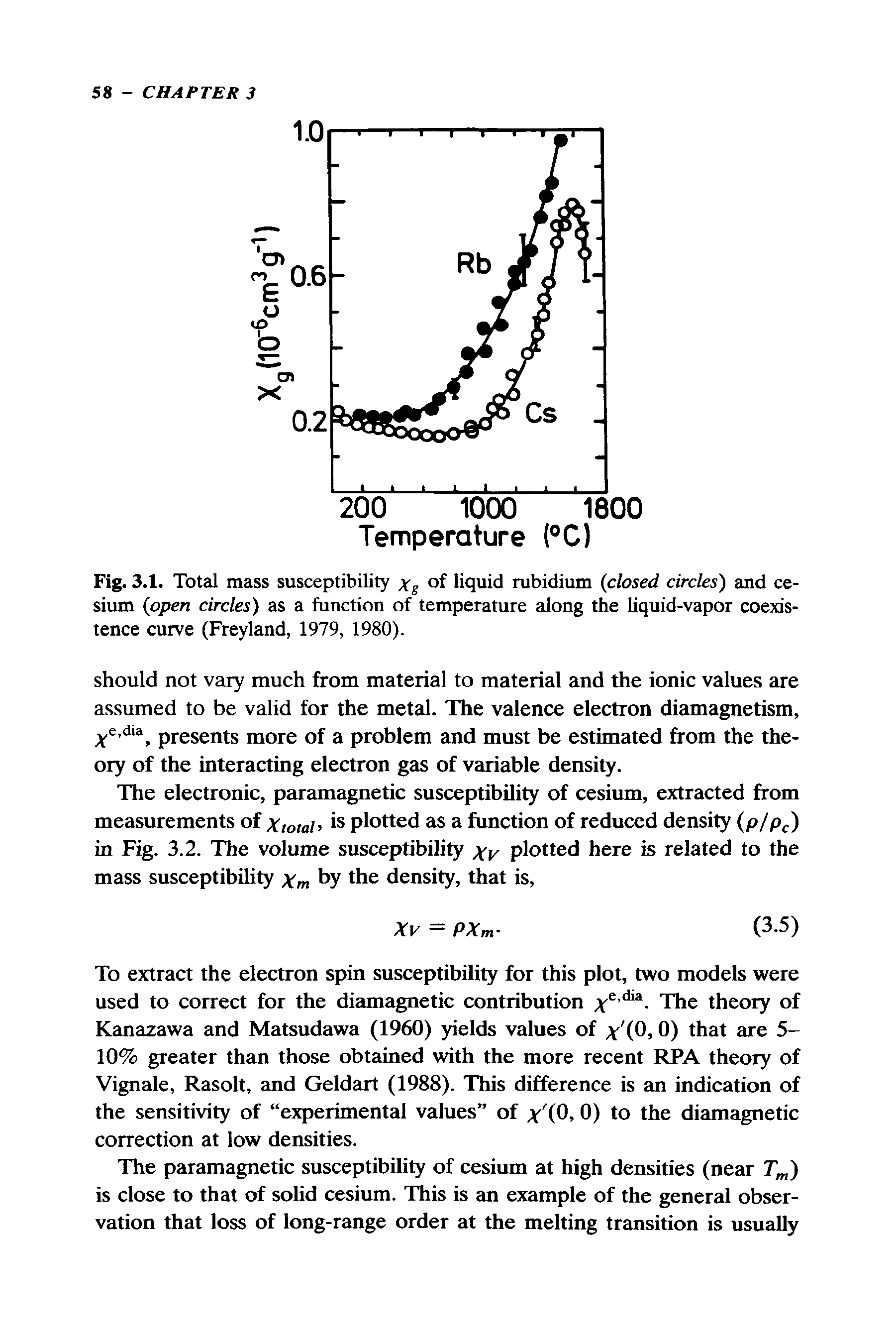 Fig. 3.1. Total mass susceptibility Xg of liquid rubidium closed circles) and cesium open circles) as a function of temperature along the liquid-vapor coexistence curve (Freyland, 1979, 1980).