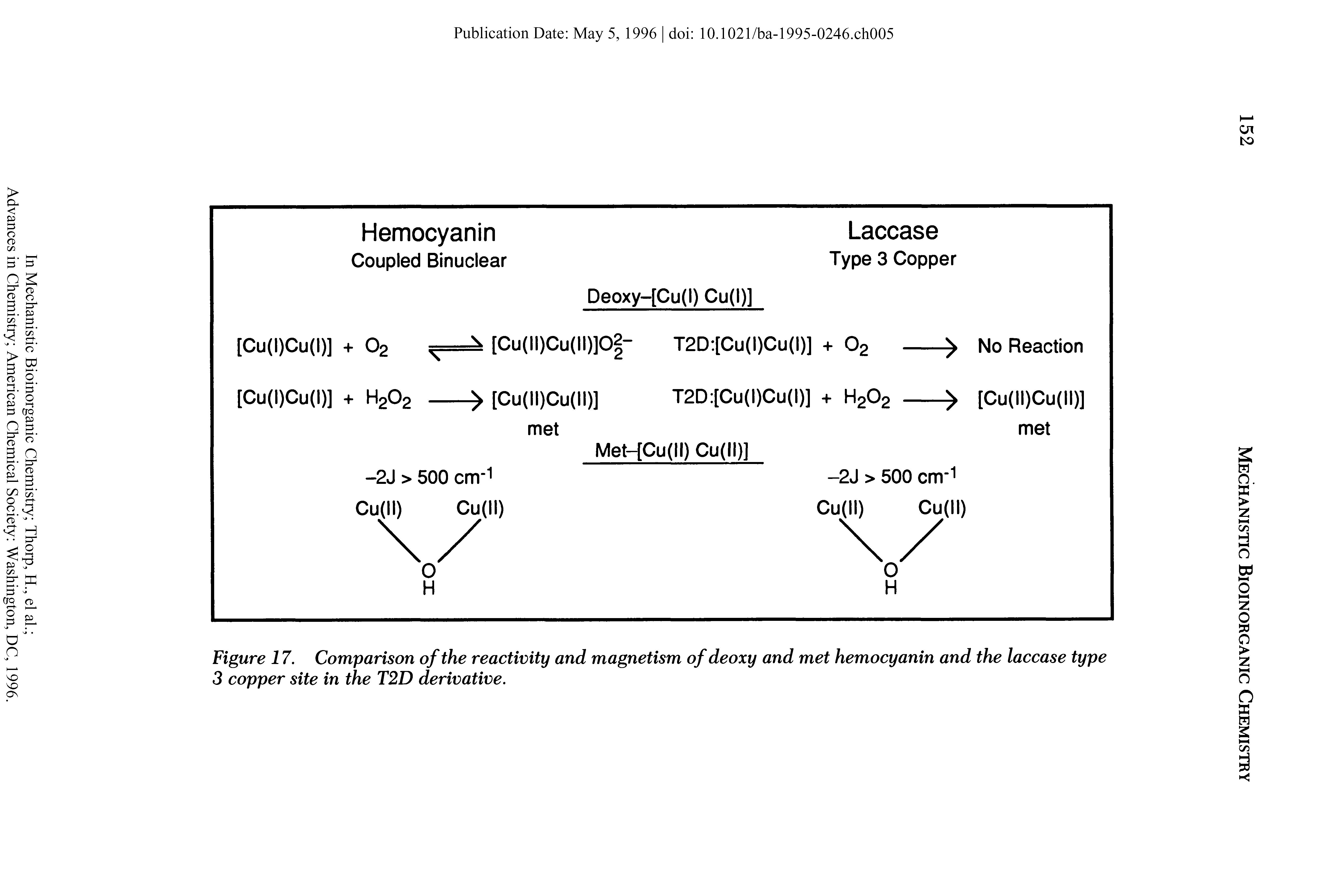 Figure 17. Comparison of the reactivity and magnetism ofdeoxy and met hemocyanin and the laccase type 3 copper site in the T2D derivative.