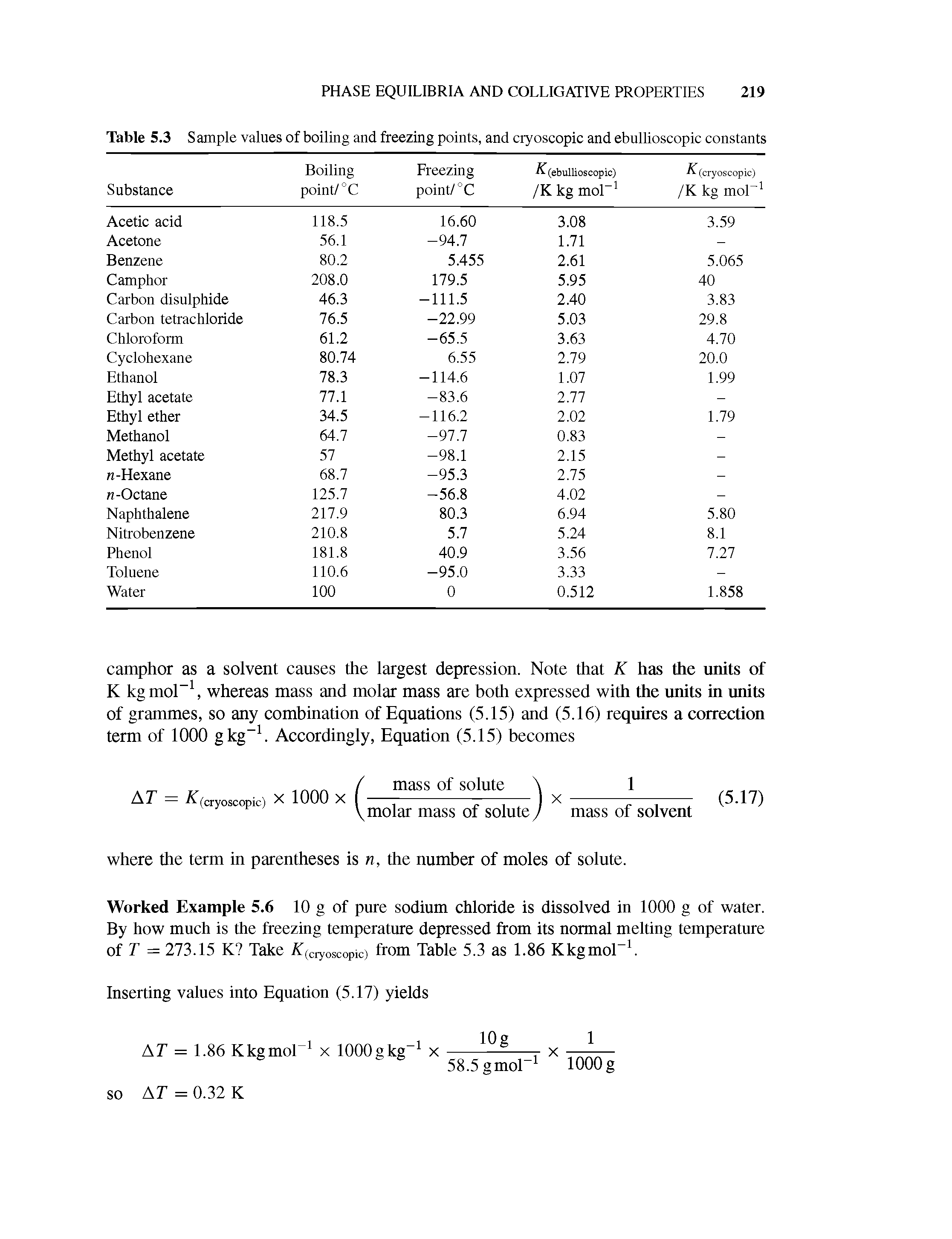 Table 5.3 Sample values of boiling and freezing points, and cryoscopic and ebullioscopic constants...