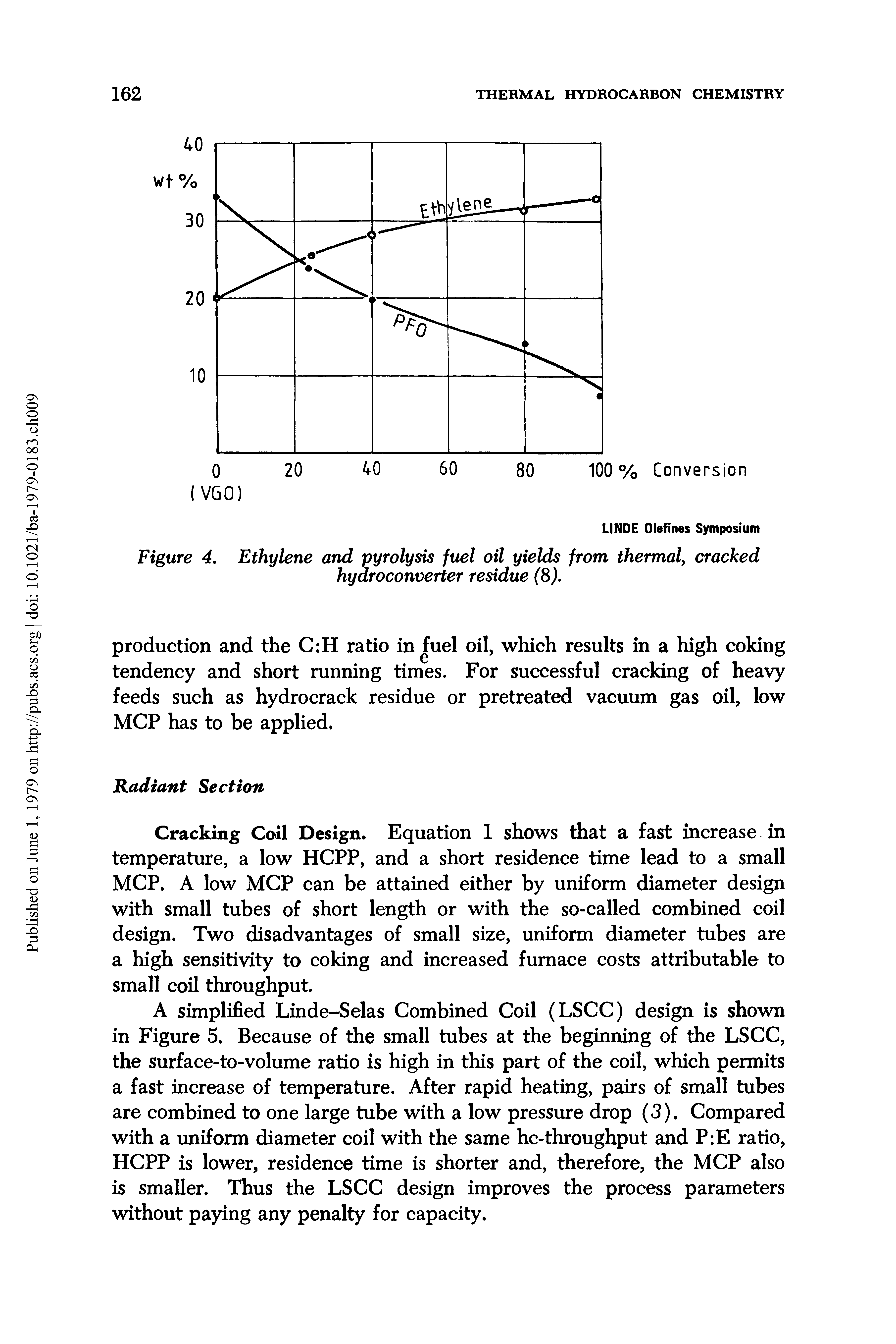 Figure 4. Ethylene and pyrolysis fuel oil yields from thermal, cracked hydroconverter residue (S).
