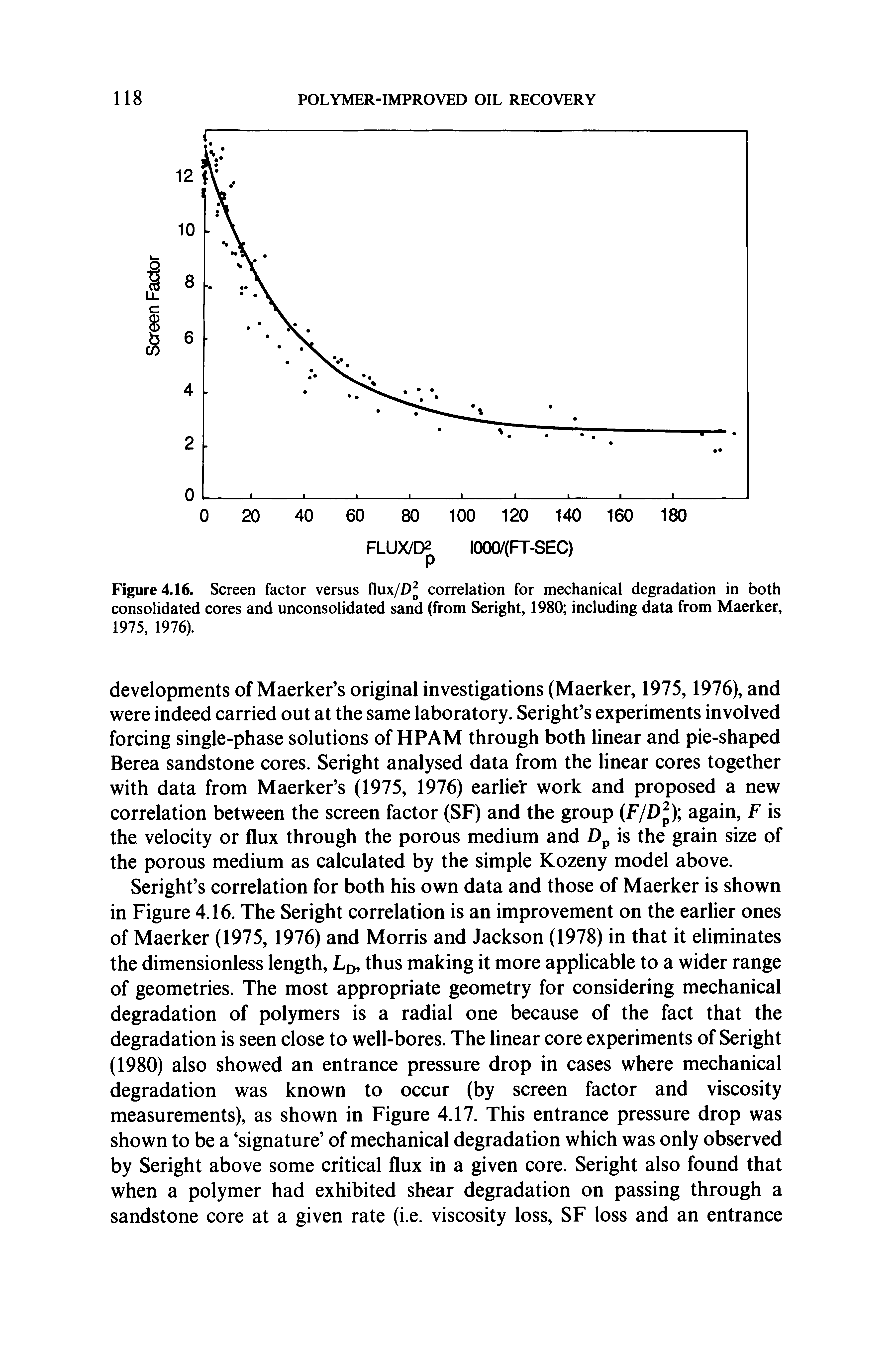 Figure 4.16. Screen factor versus flux/D correlation for mechanical degradation in both consolidated cores and unconsolidated sand (from Seright, 1980 including data from Maerker, 1975, 1976).