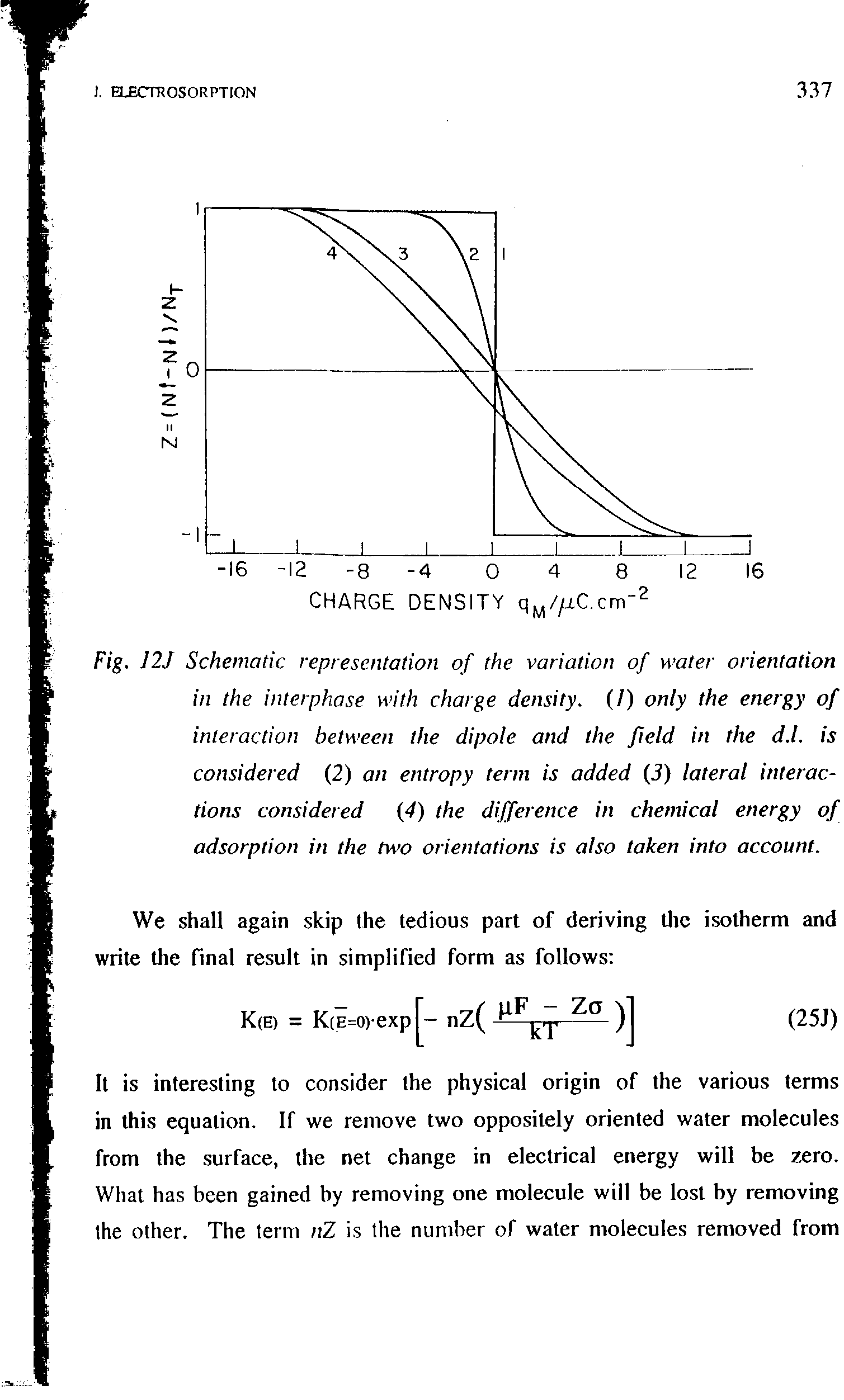 Fig. 12J Schematic representation of the variation of water orientation in the interphase with charge density. (/) only the energy of interaction between the dipole and the field in the d.l. is considered (2) an entropy term is added (3) lateral interactions considered 4) the difference in chemical energy of adsorption in the two orientations is also taken into account.