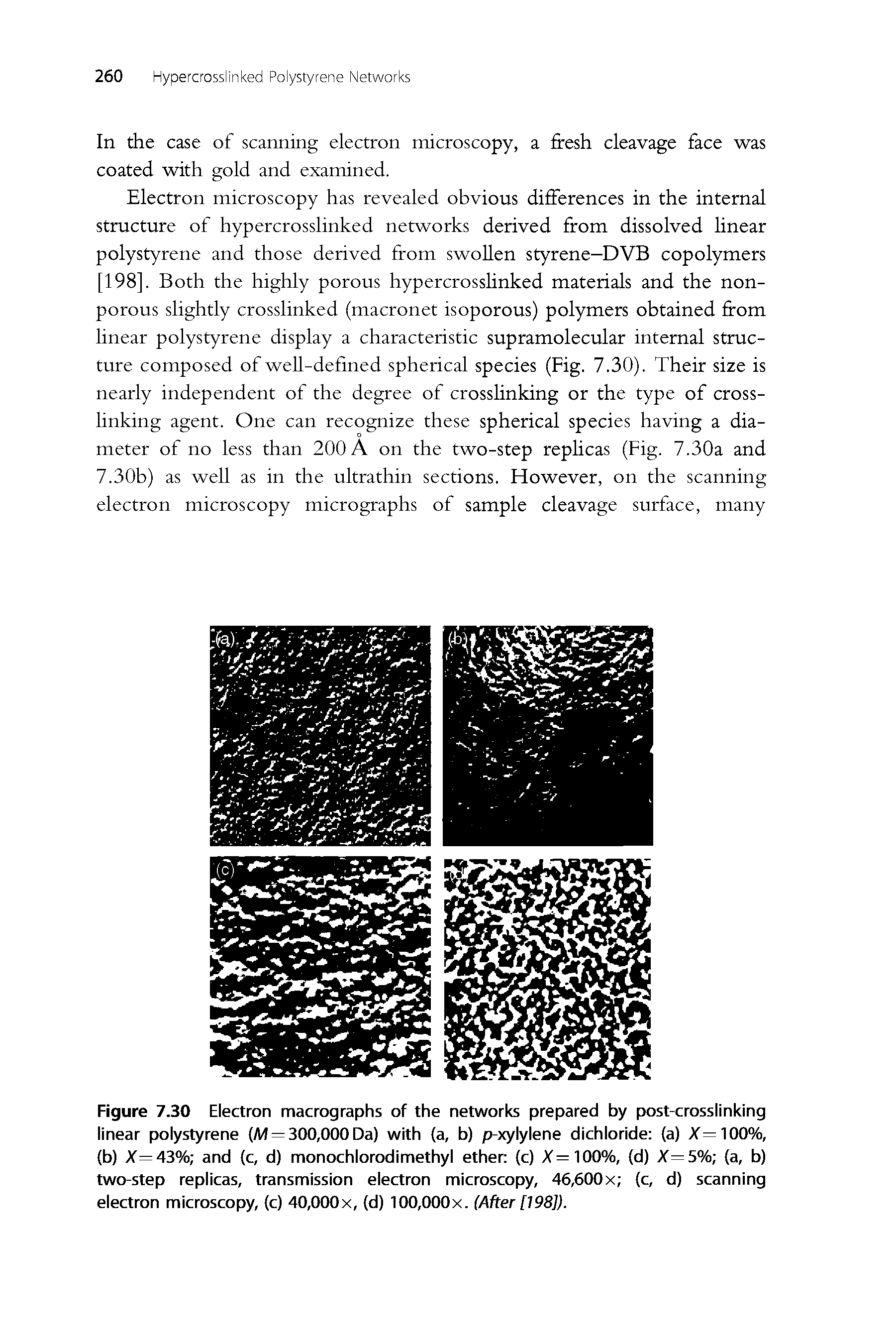 Figure 7.30 Electron macrographs of the networks prepared by post-crosslinking linear polystyrene (/M = 300,000 Da) with (a, b) p-xylylene dichloride (a) X=100%, (b) X=43% and (c, d) monochlorodimethyl ether (c) X=100%, (d) X=5% (a, b) two-step replicas, transmission electron microscopy, 46,600x (c, d) scanning electron microscopy, (c) 40,000x, (d) 100,000x. (After [198]).