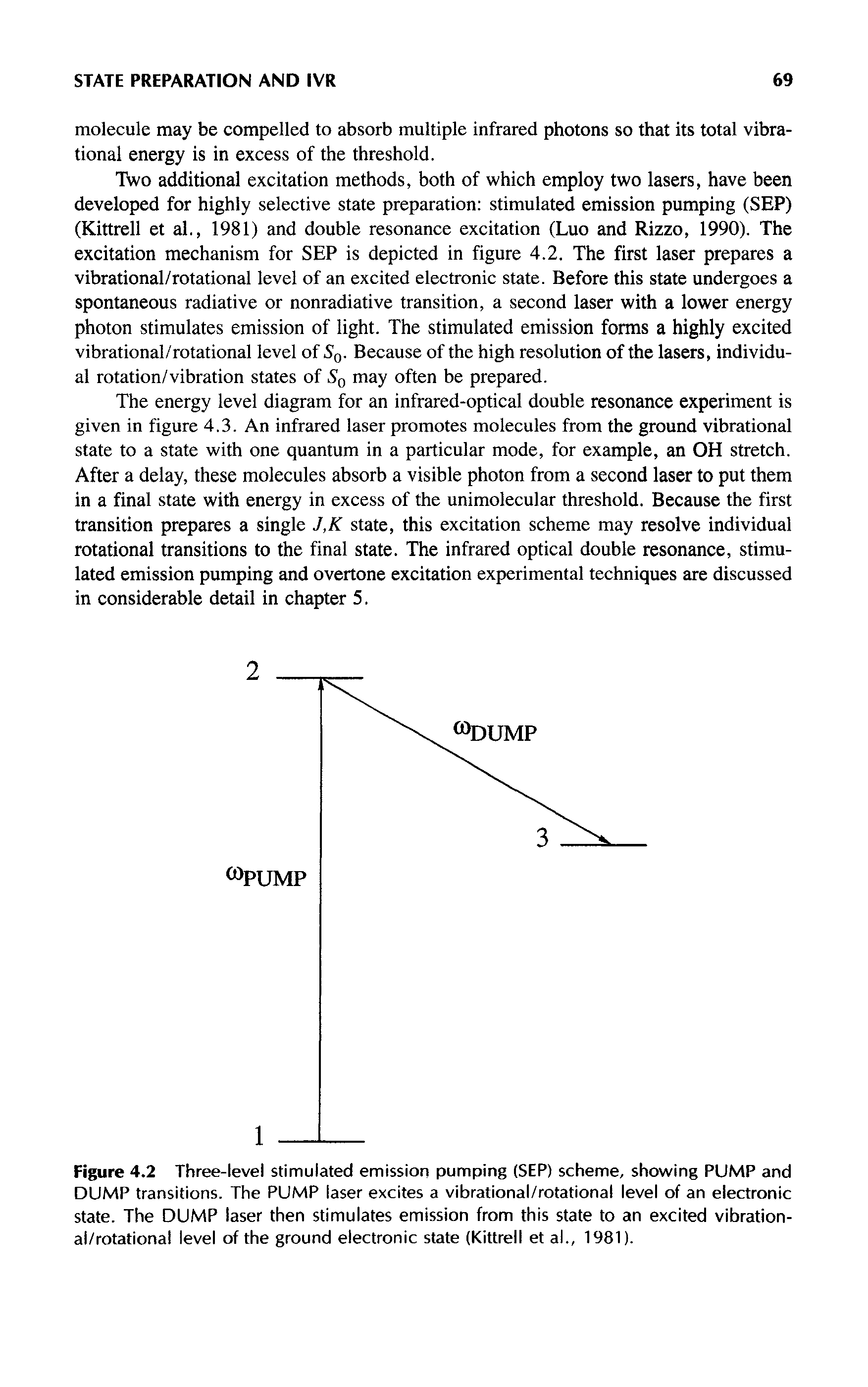 Figure 4.2 Three-level stimulated emission pumping (SEP) scheme, showing PUMP and DUMP transitions. The PUMP laser excites a vibrational/rotational level of an electronic state. The DUMP laser then stimulates emission from this state to an excited vibrational/rotational level of the ground electronic state (Kittrell et al., 1981).