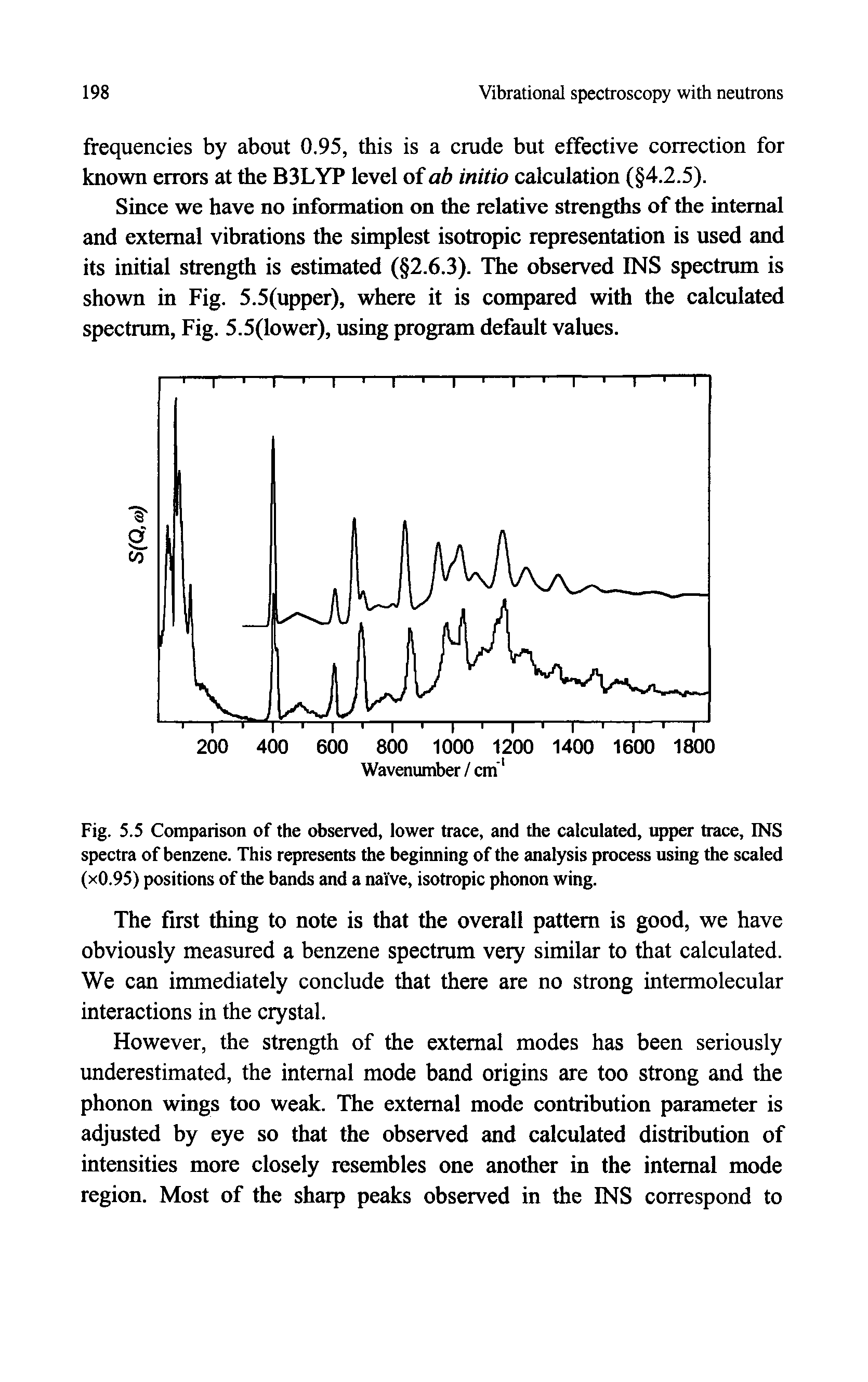 Fig. 5.5 Comparison of the observed, lower trace, and the calculated, upper trace, INS spectra of benzene. This represents the beginning of the analysis process using the scaled (xO.95) positions of the bands and a naive, isotropic phonon wing.