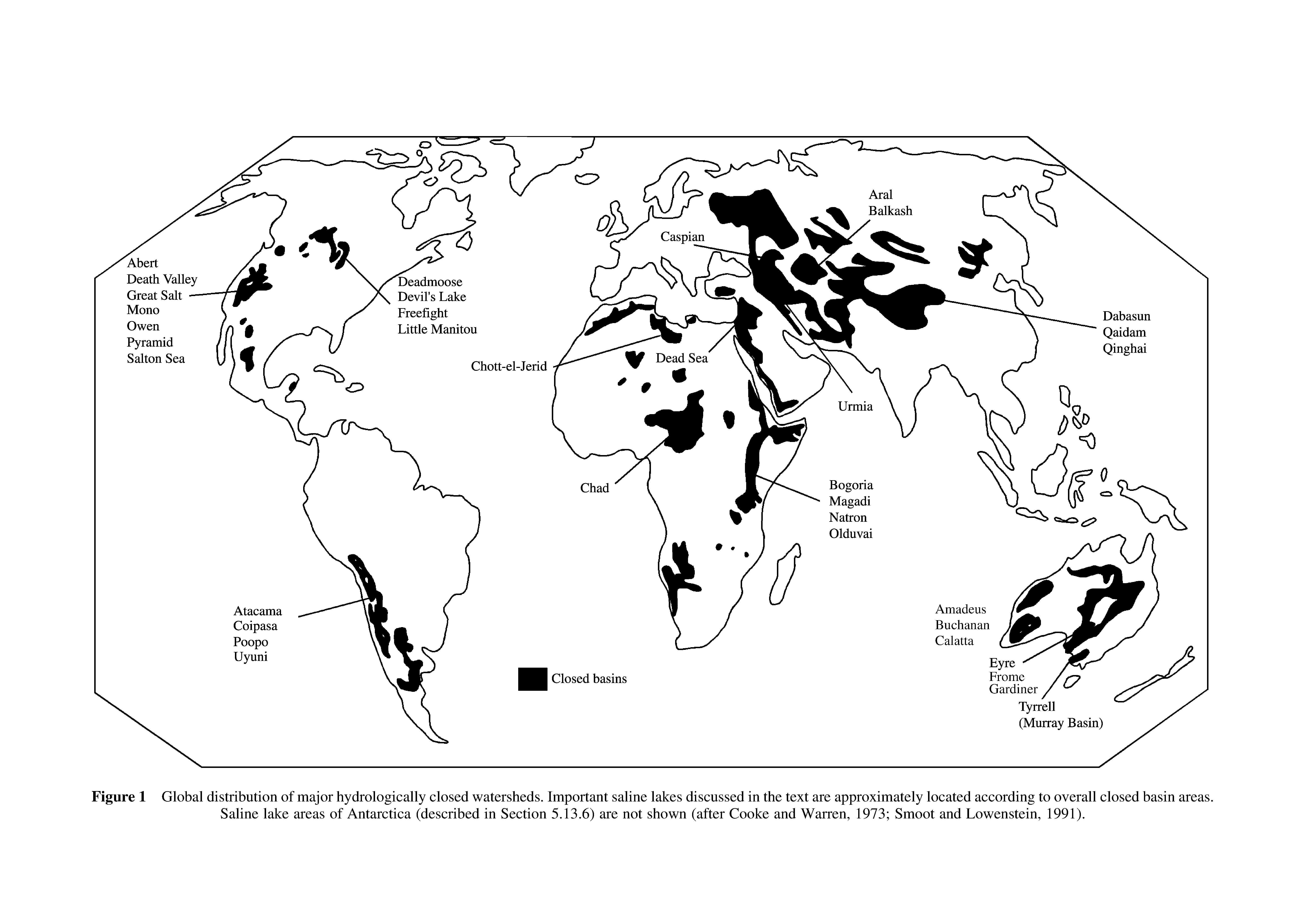 Figure 1 Global distribution of major hydrologically closed watersheds. Important saline lakes discussed in the text are approximately located according to overall closed basin areas. Saline lake areas of Antarctica (described in Section 5.13.6) are not shown (after Cooke and Warren, 1973 Smoot and Lowenstein, 1991).