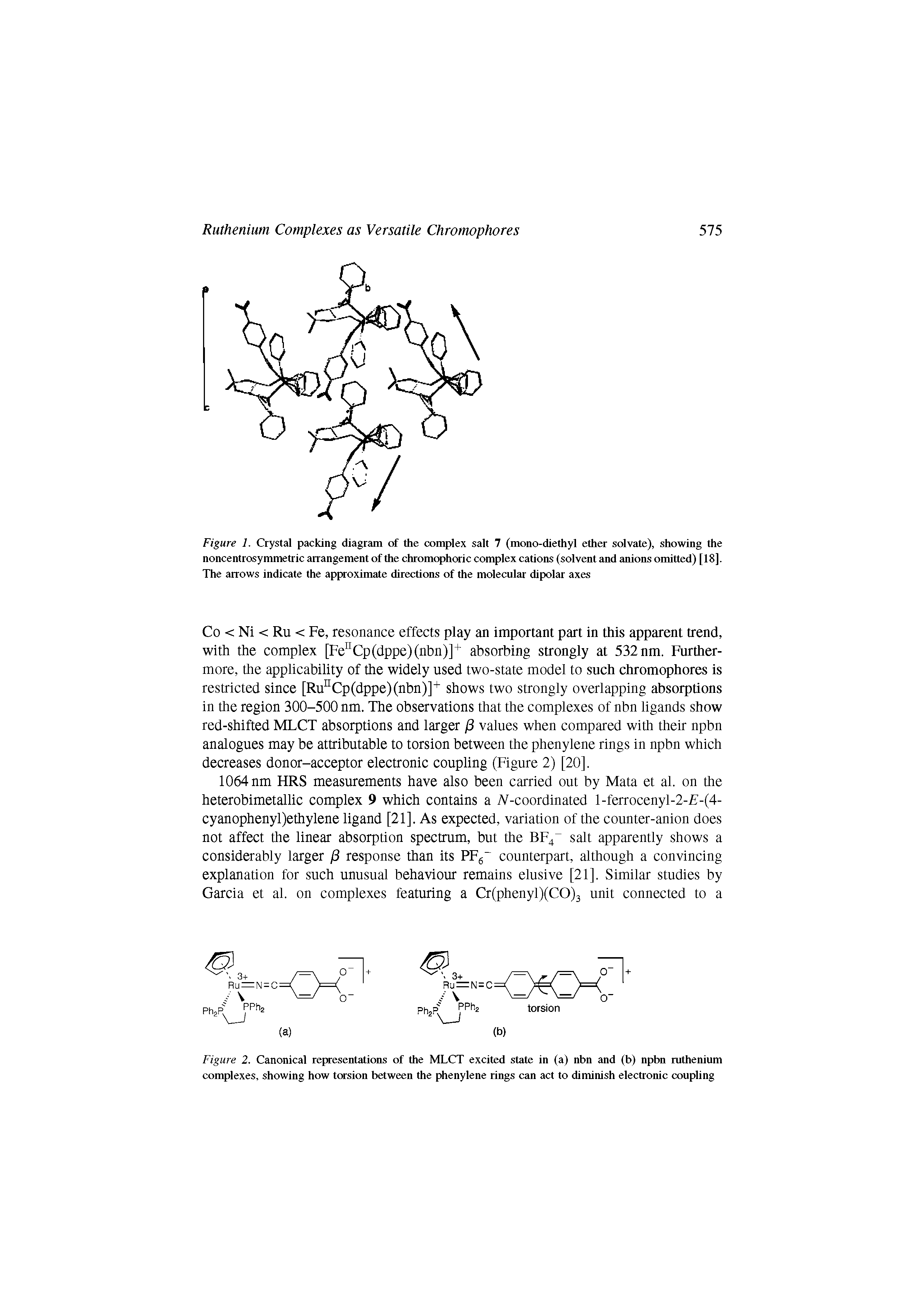 Figure 2. Canonical representations of the MLCT excited state in (a) nbn and (b) npbn ruthenium complexes, showing how torsion between the phenylene rings can act to diminish electronic coupling...