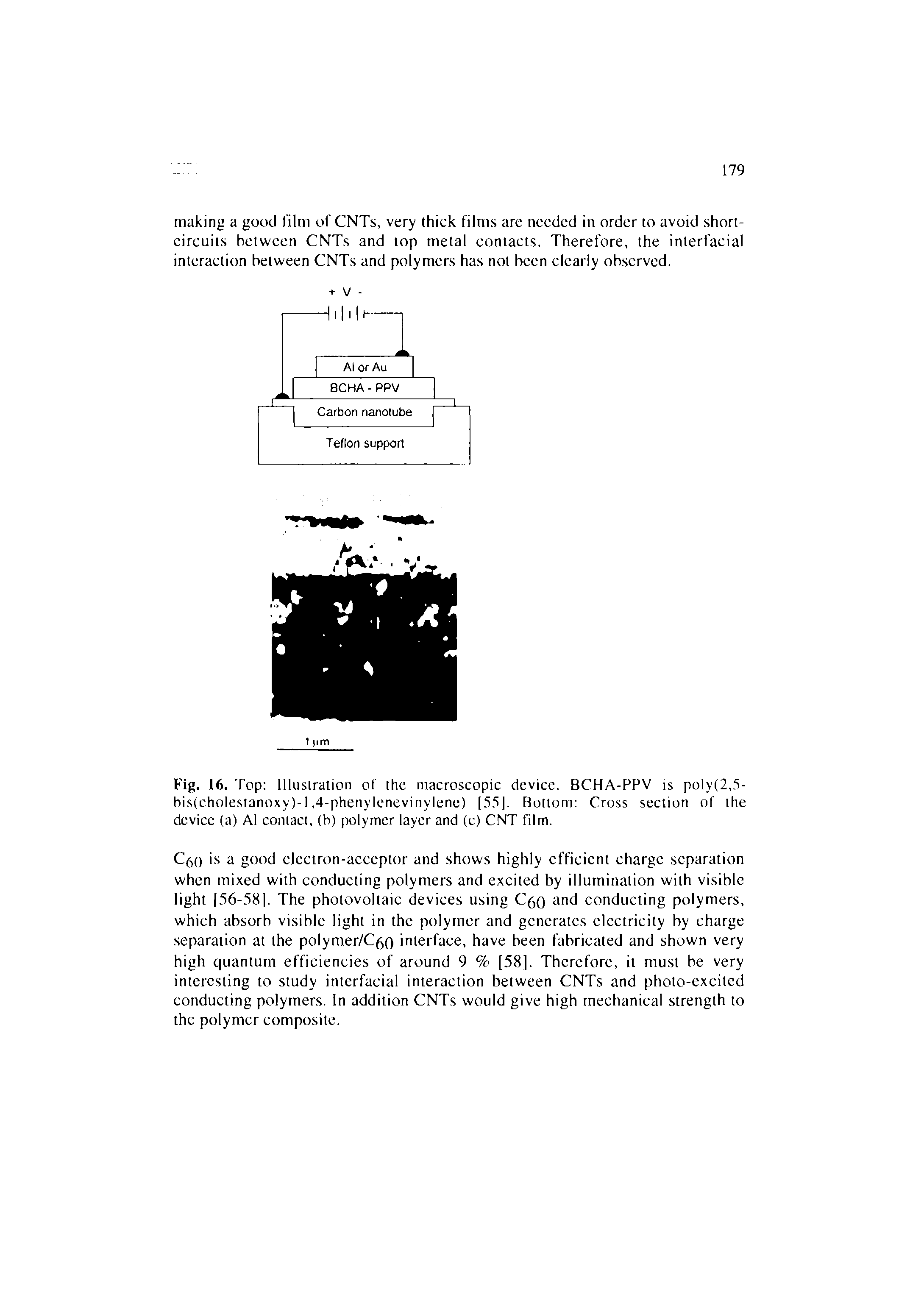 Fig. 16. Top Illustration of the macroscopic device. BCHA-PPV is poly(2,. i-bis(cholestanoxy)-1,4-phenylenevinylene) [3. il. Bottom Cross section of the device (a) Al contact, (b) polymer layer and (c) CNT film.