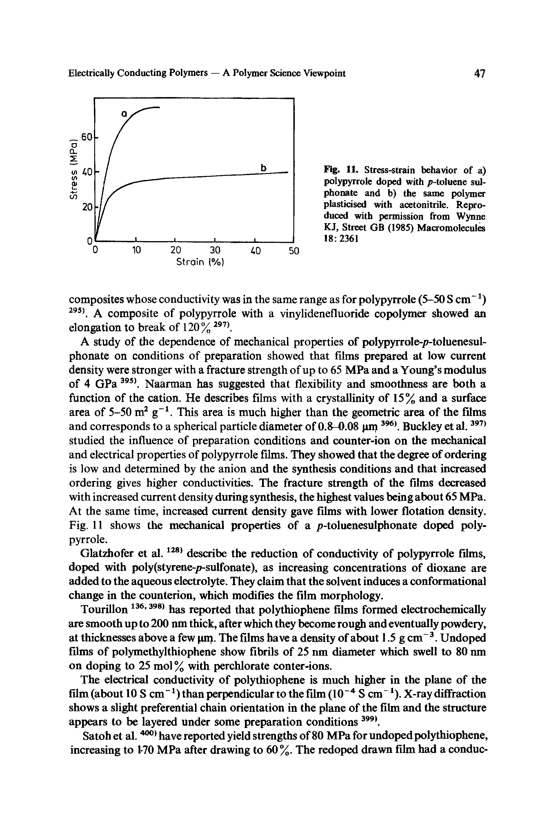 Fig. 11. Stress-strain behavior of a) polypyrrole doped with p-toluene sul-phonate and b) the same polymer plasticised with acetonitrile. Reproduced with permission from Wynne KJ, Street GB (1985) Macromolecules 18 2361...