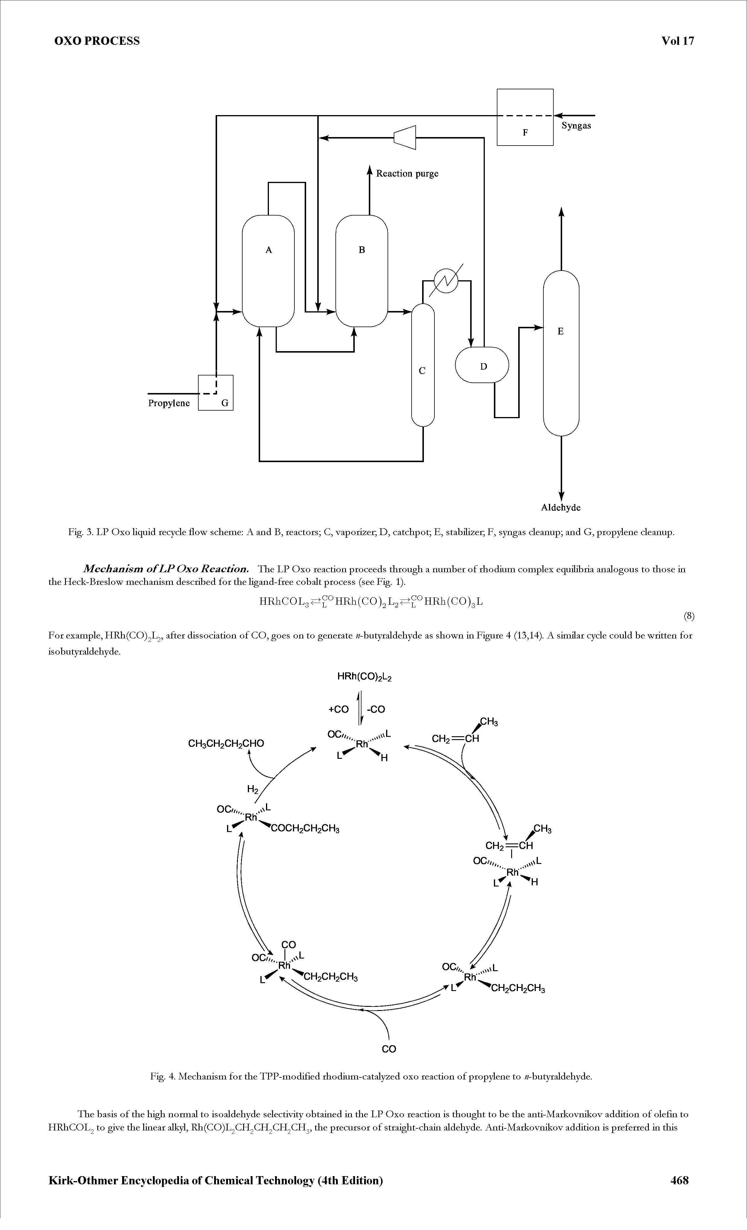 Fig. 3. LP Oxo liquid recycle flow scheme A and B, reactors C, vaporizer D, catchpot E, stabilizer F, syngas cleanup and G, propylene cleanup.