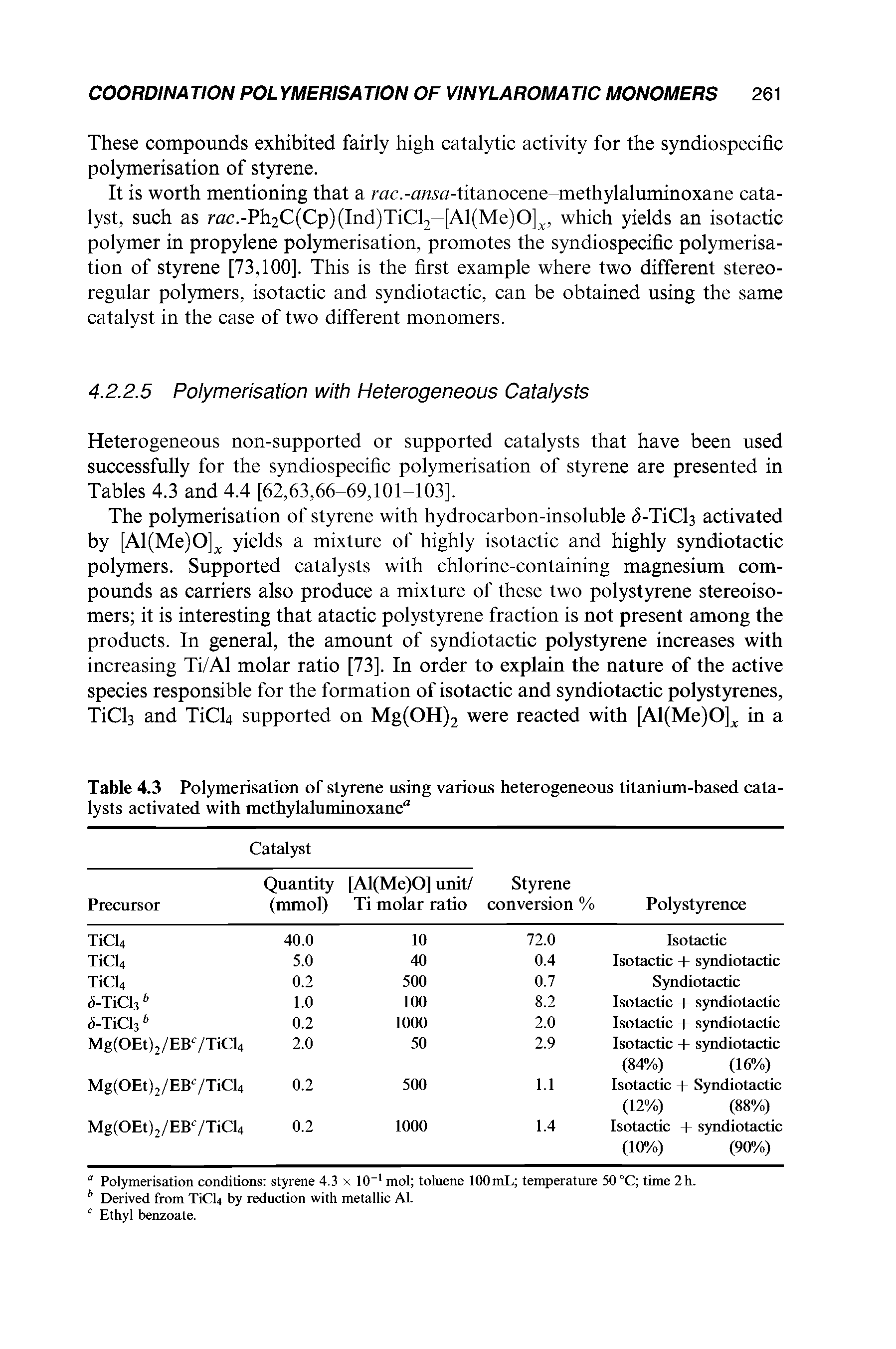 Table 4.3 Polymerisation of styrene using various heterogeneous titanium-based catalysts activated with methylaluminoxane 1...