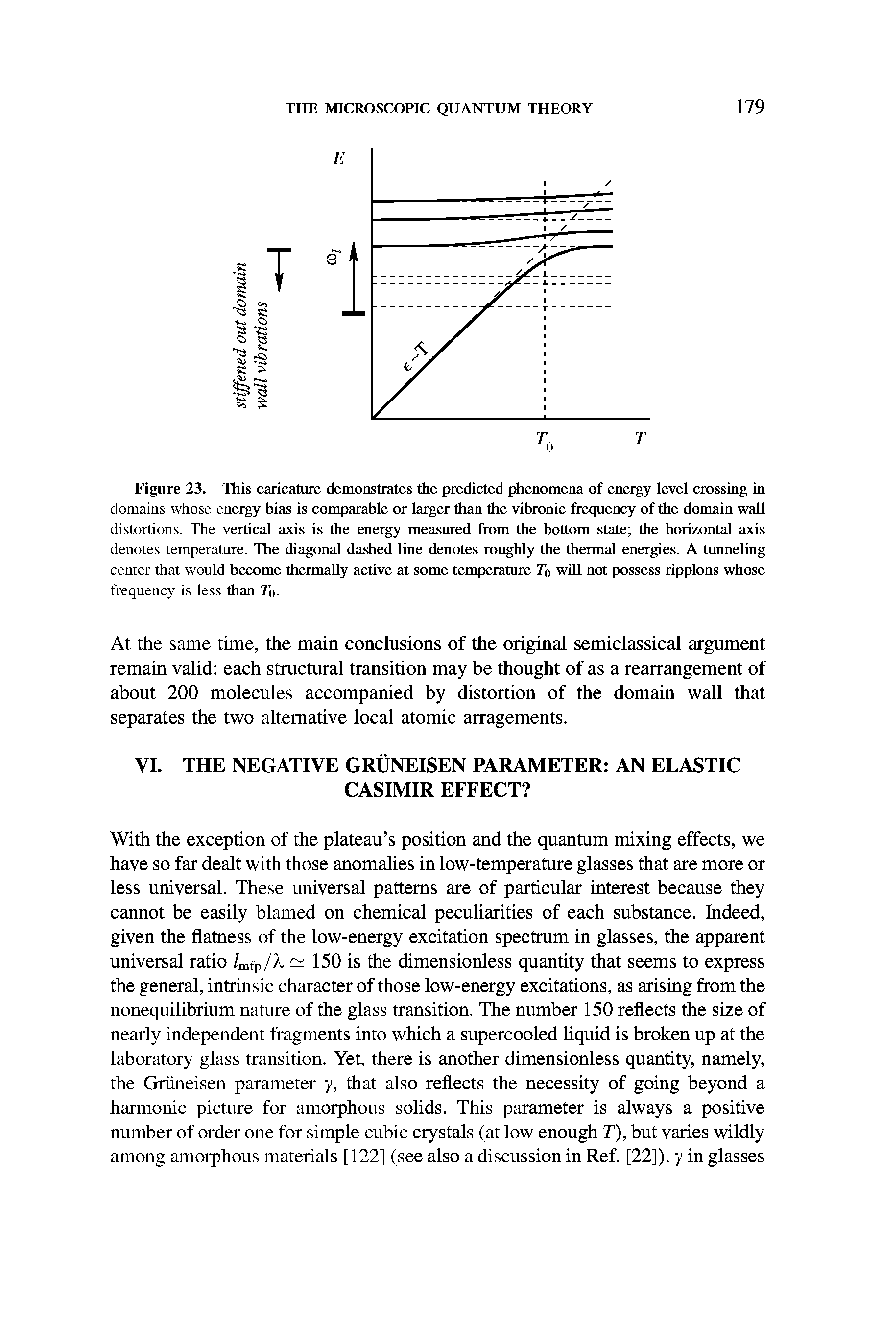 Figure 23. This caricature demonstrates the predicted phenomena of energy level crossing in domains whose energy bias is comparable or larger than the vibronic frequency of the domain wall distortions. The vertical axis is the energy measured from the bottom state the horizontal axis denotes temperature. The diagonal da ed line denotes roughly the thermal energies. A tunneling center that would become thermally active at some temperature Tq will not possess ripplons whose frequency is less than To.