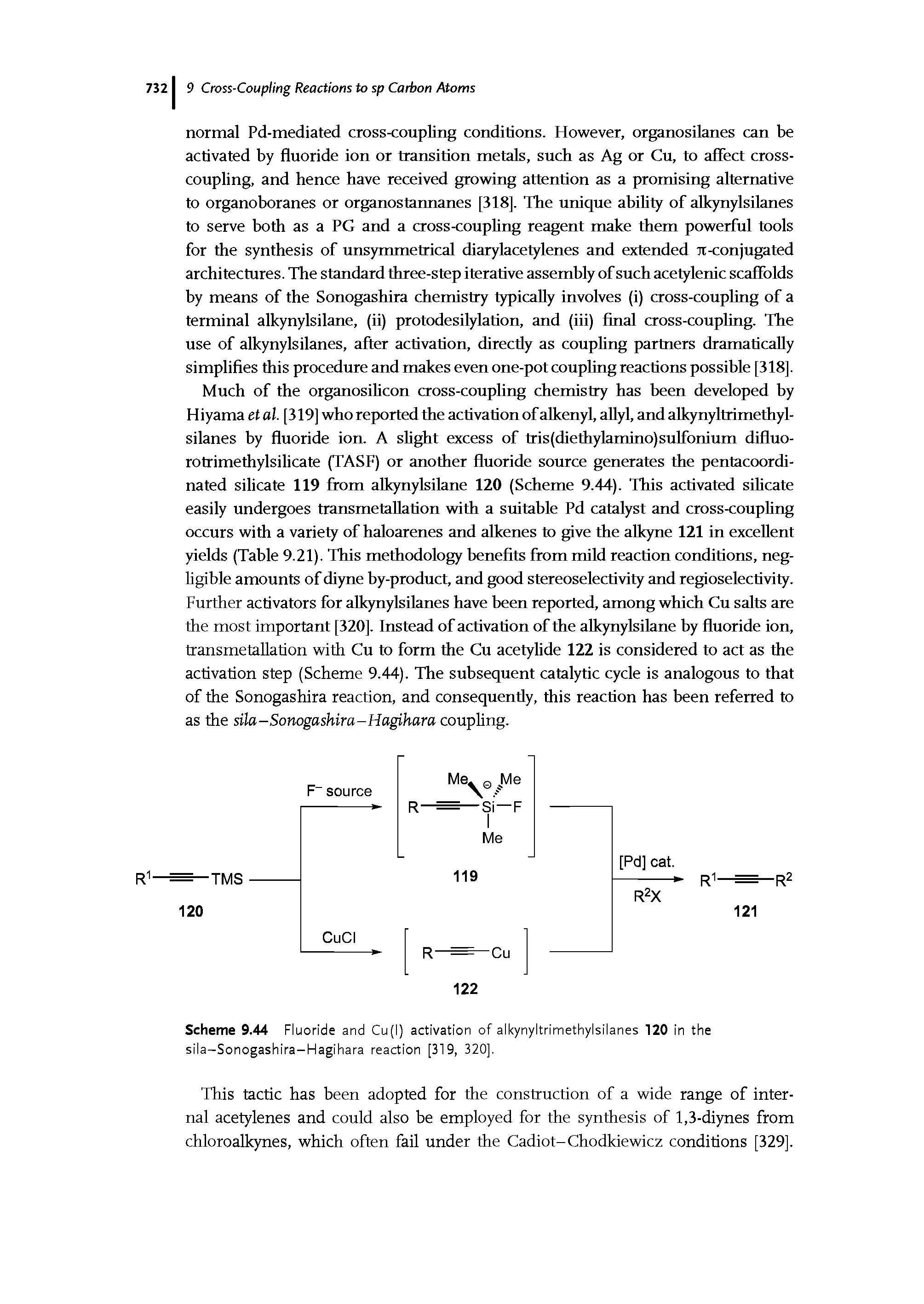Scheme 9.44 Fluoride and Cu(l) activation of alkynyltrimethylsilanes 120 in the sila-Sonogashira-Hagihara reaction [319, 320].