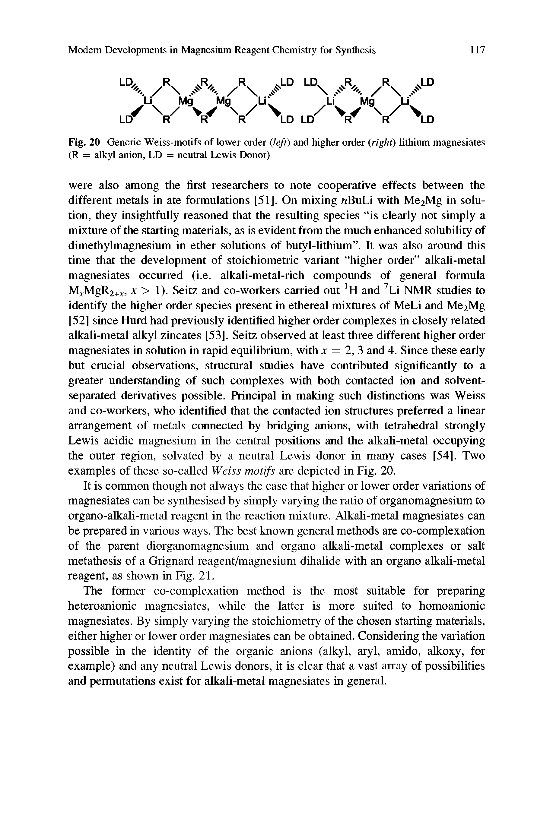 Fig. 20 Generic Weiss-motifs of lower order (left) and higher order (right) lithium magnesiates (R = alkyl anion, LD = neutral Lewis Donor)...