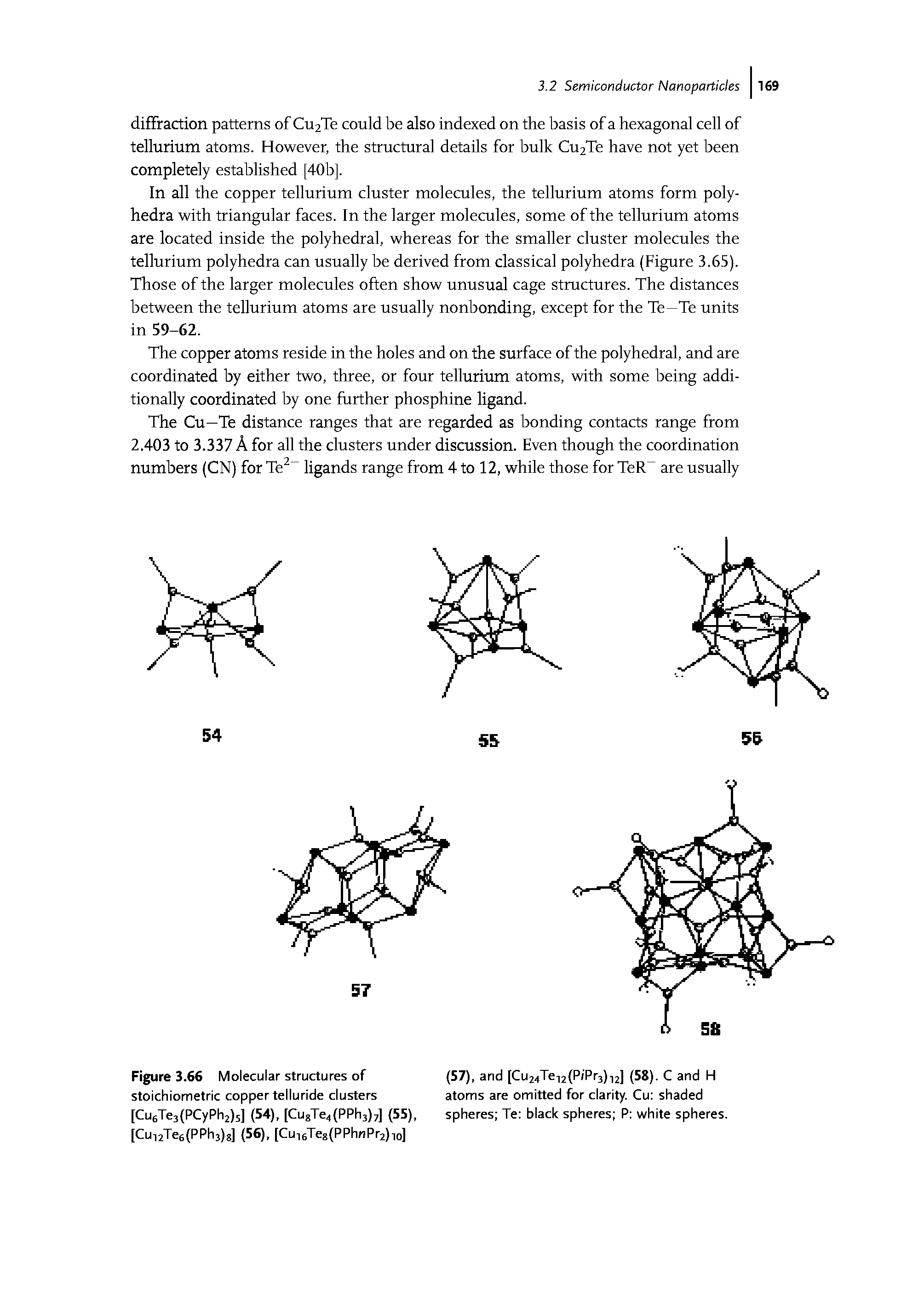 Figure 3.66 Molecular structures of stoichiometric copper telluride clusters [CufiTejlPCyPhzls] (54), [CugTe4(PPh3)7] (55), [Cun2Te6(PPh3)s] (56). [Cui6Teg(PPhnPr2)io]...