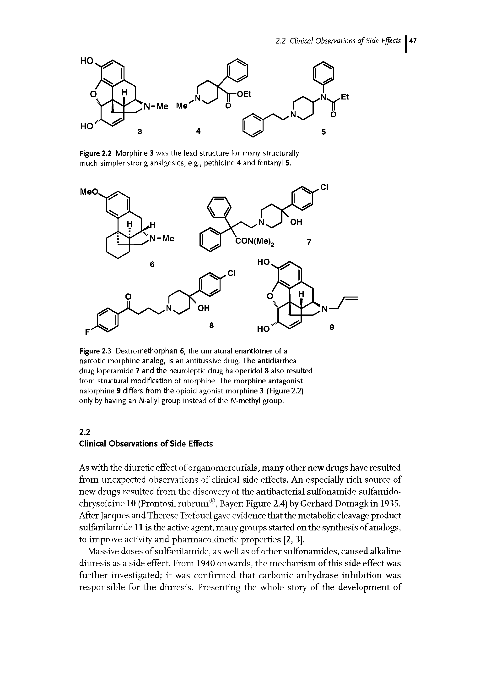 Figure 2.3 Dextromethorphan 6, the unnatural enantiomer of a narcotic morphine analog, is an antitussive drug. The antidiarrhea drug loperamide 7 and the neuroleptic drug haloperidol 8 also resulted from structural modification of morphine. The morphine antagonist nalorphine 9 differs from the opioid agonist morphine 3 (Figure 2.2) only by having an N-allyl group instead of the N-methyl group.