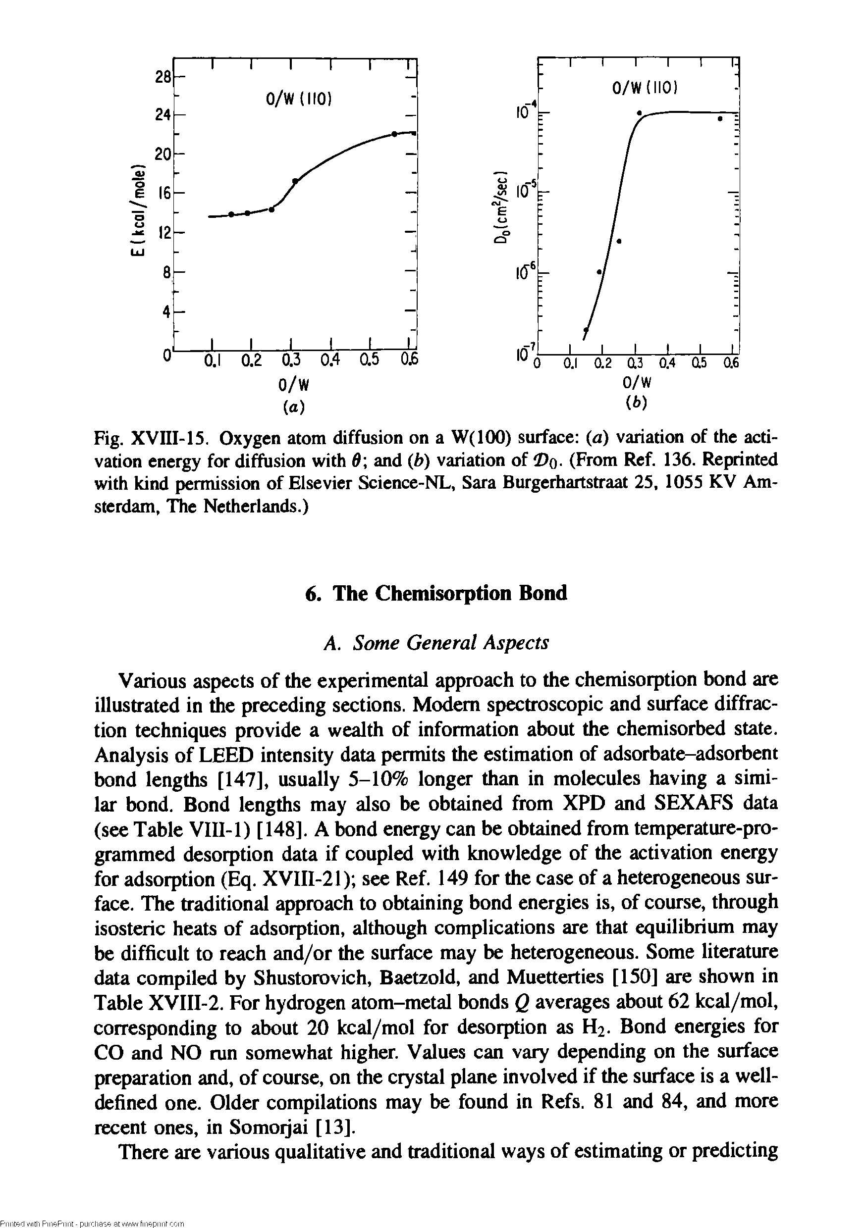 Fig. XVIII-15. Oxygen atom diffusion on a W(IOO) surface (a) variation of the activation energy for diffusion with d and (b) variation of o- (From Ref. 136. Reprinted with kind permission of Elsevier Science-NL, Sara Burgerhartstraat 25, 1055 KV Amsterdam, The Netherlands.)...