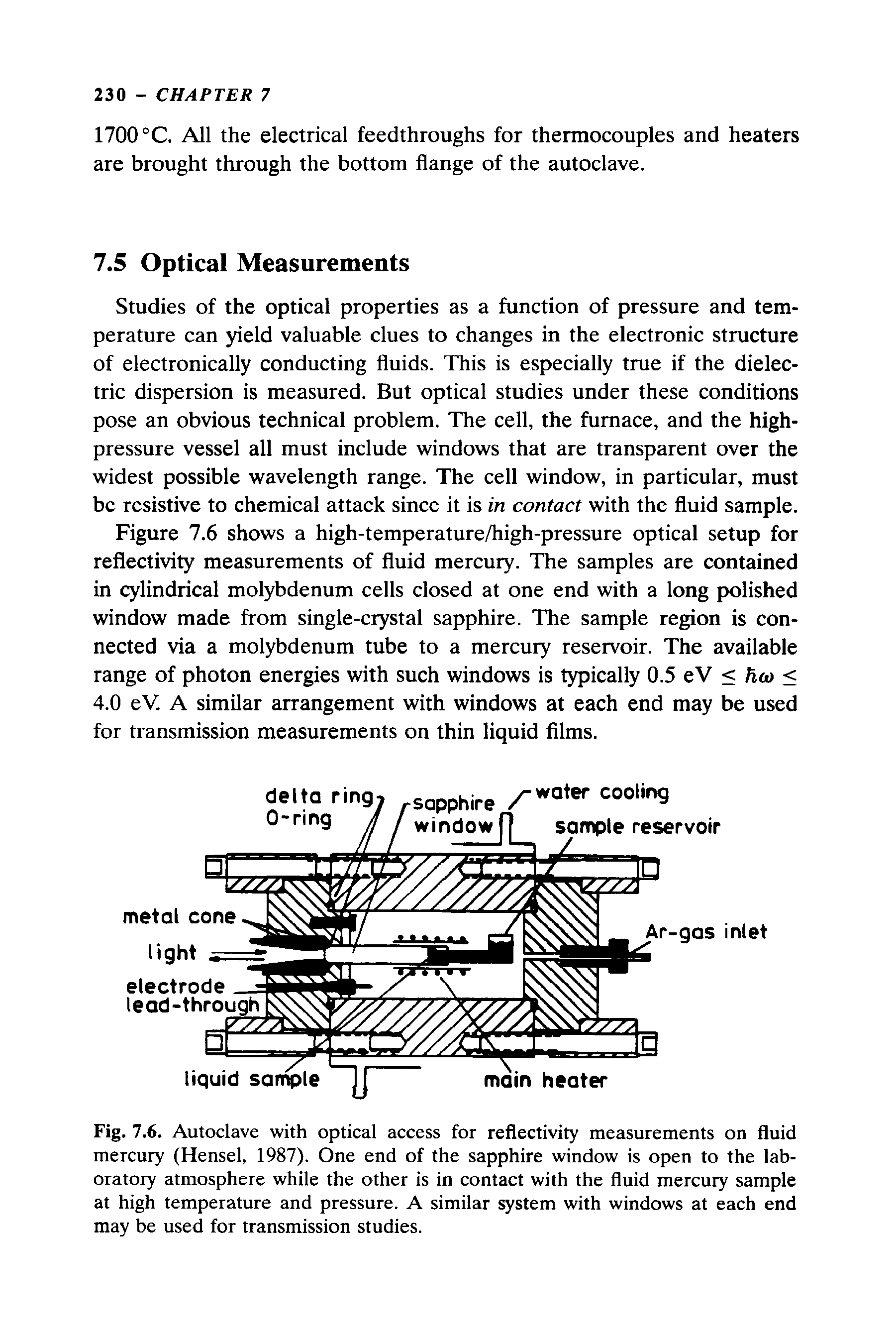 Fig. 7.6. Autoclave with optical access for reflectivity measurements on fluid mercury (Hensel, 1987). One end of the sapphire window is open to the laboratory atmosphere while the other is in contact with the fluid mercury sample at high temperature and pressure. A similar system with windows at each end may be used for transmission studies.