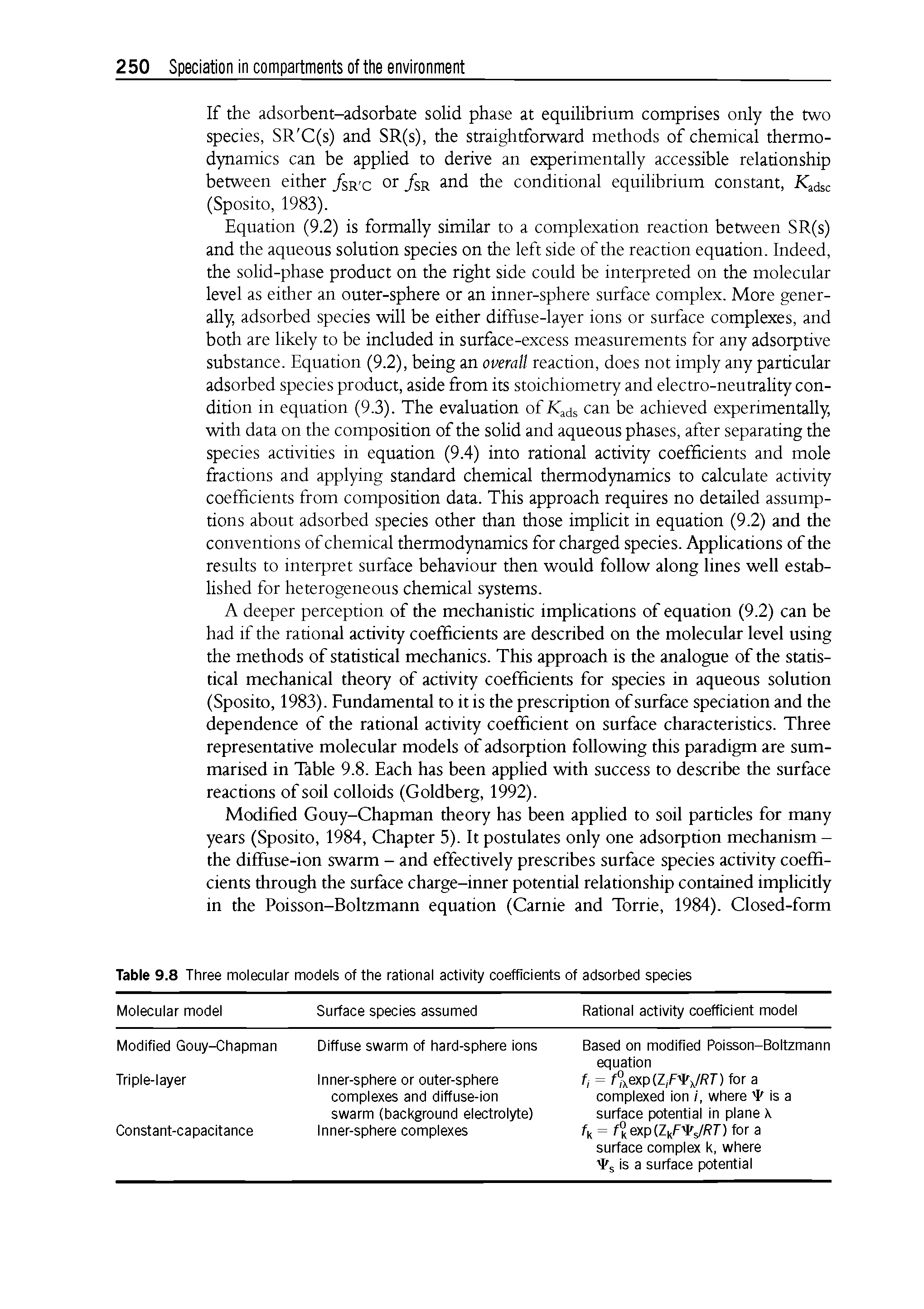 Table 9.8 Three molecular models of the rational activity coefficients of adsorbed species...