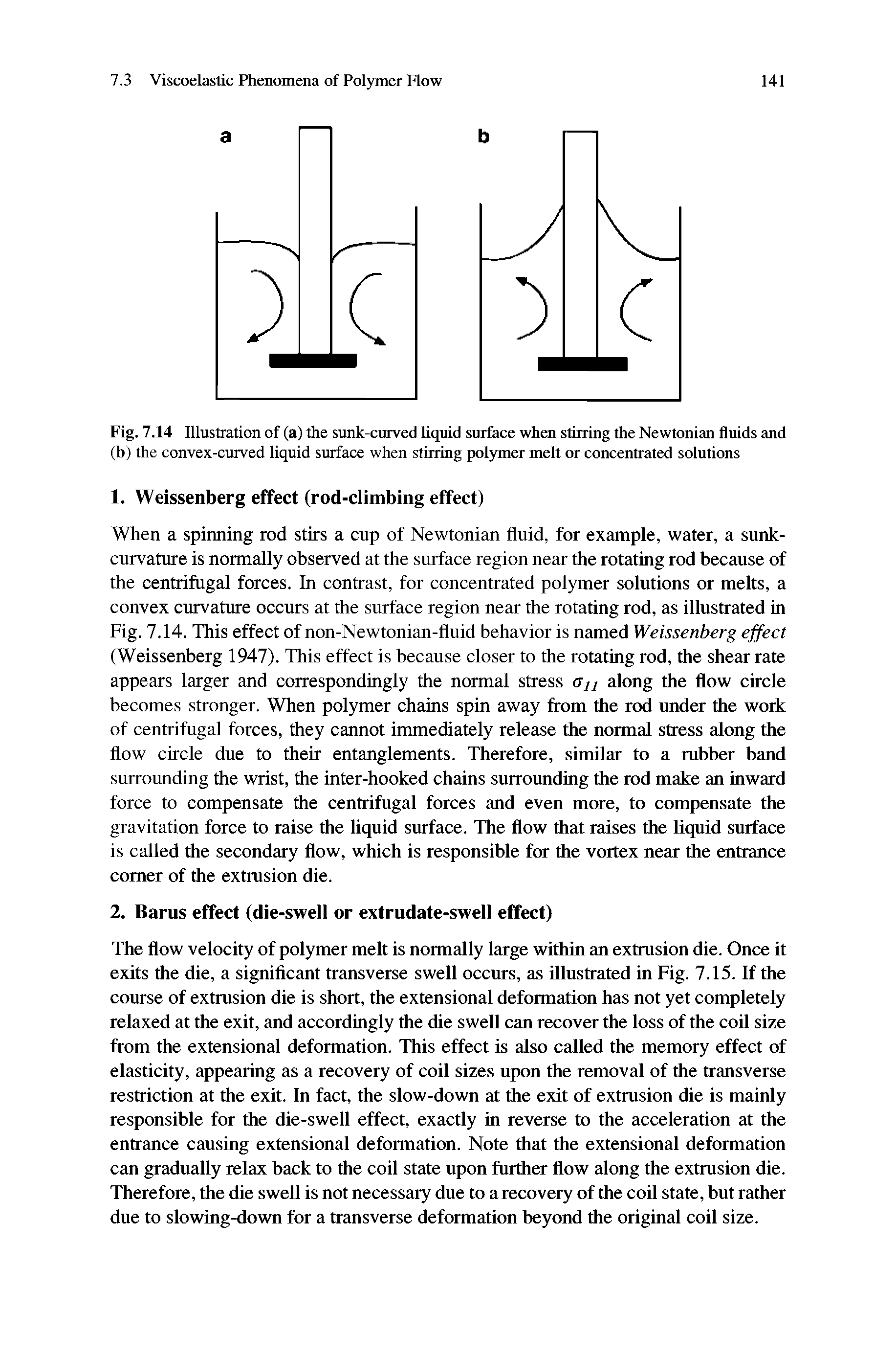 Fig. 7.14 Illustration of (a) the sunk-curved liquid surface whai stirring the Newtonian fluids and (b) the convex-curved liquid surface when stirring polymer melt or concentrated solutions...