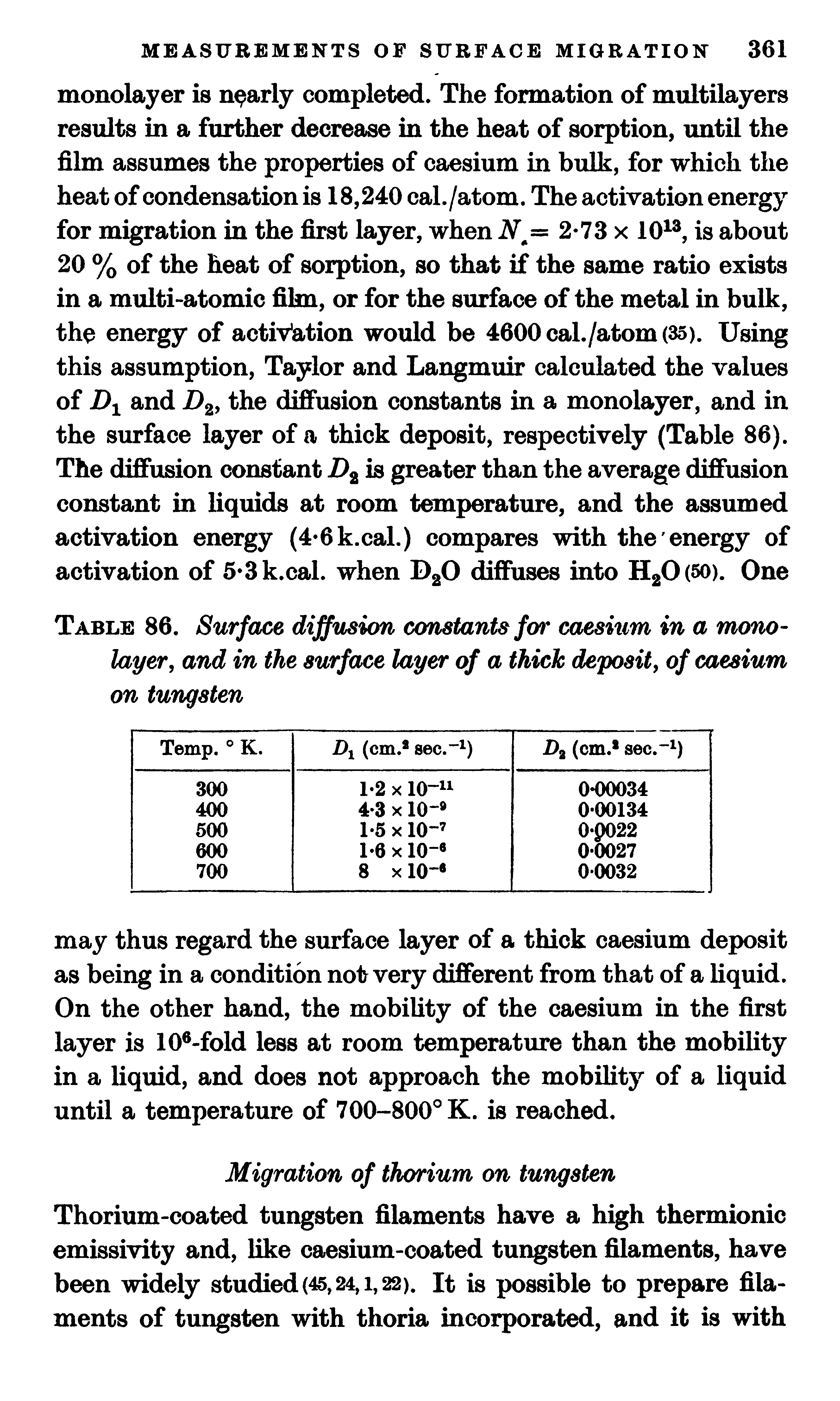 Table 86. Surface diffusion constants for caesmm in a memo-layer and in the surface layer of a thick deposity of caesium on tungsten...