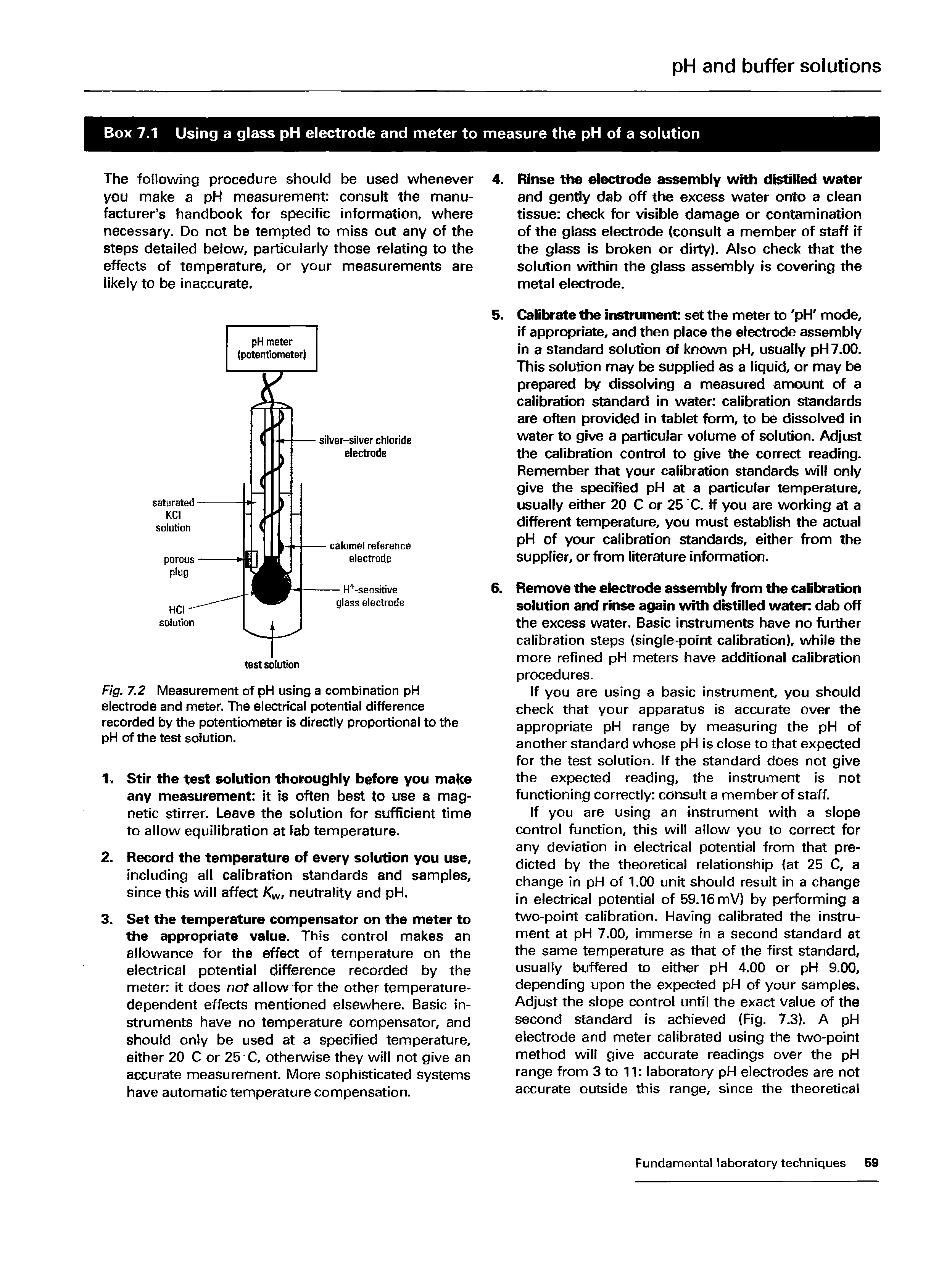 Fig. 7.2 Measurement of pH using a combination pH electrode and meter. The electrical potential difference recorded by the potentiometer is directly proportional to the pH of the test solution.