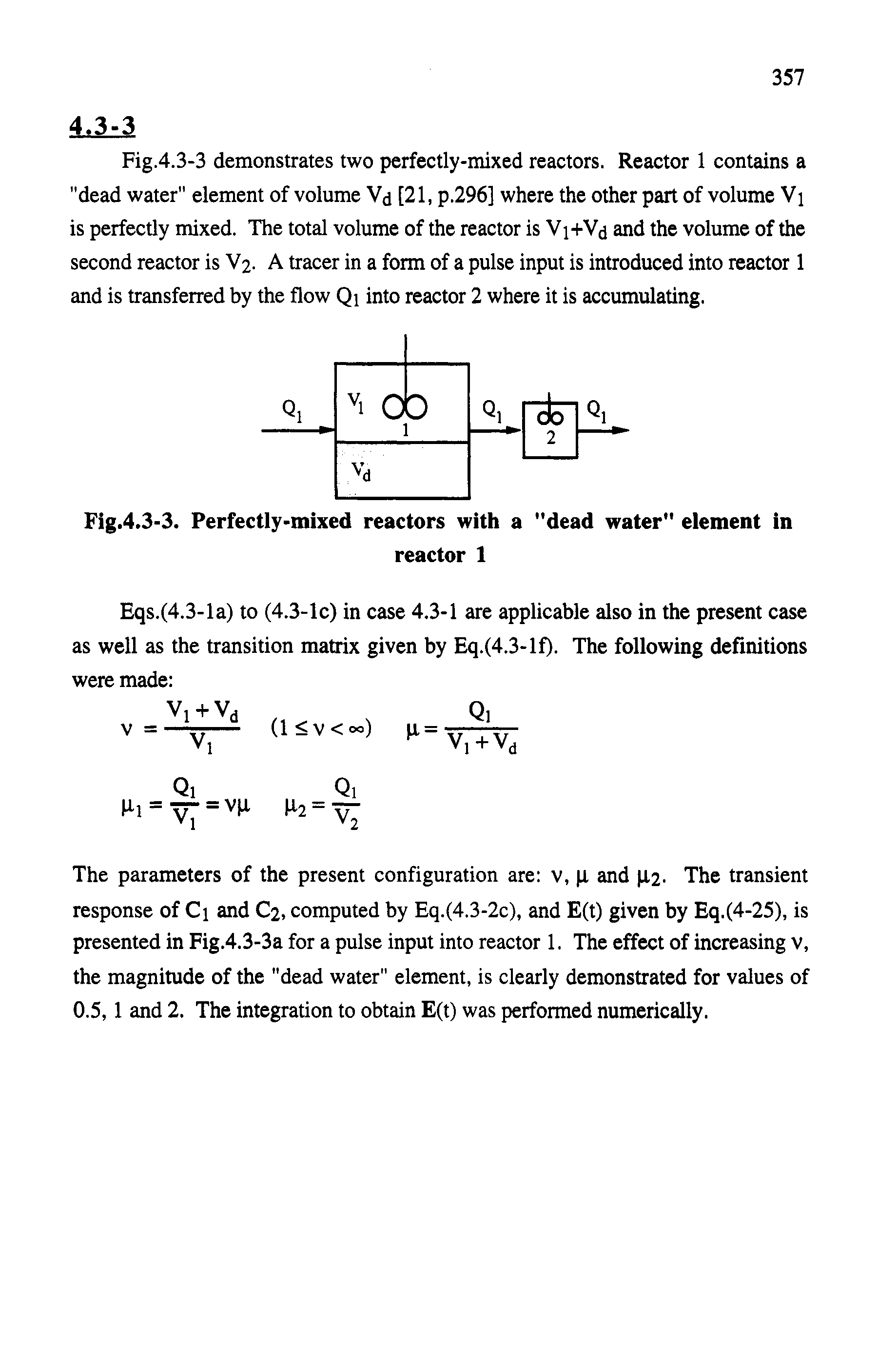 Fig.4.3-3. Perfectly-mixed reactors with a "dead water" element in...
