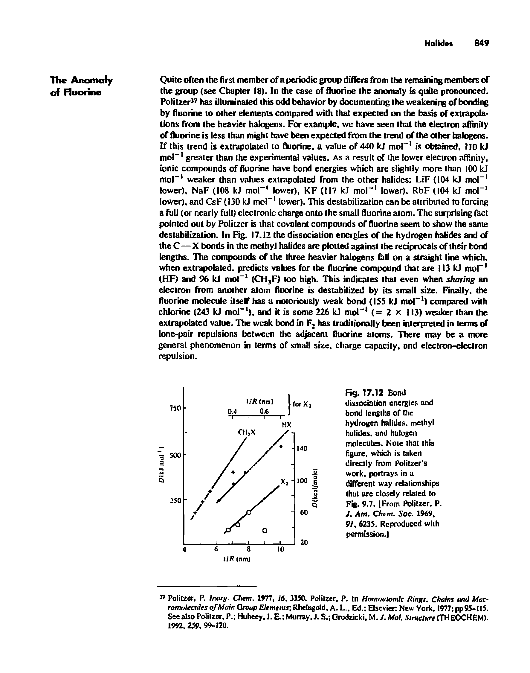 Fig. 17.12 Bond dissociation eneigies and bond lengths of the hydrogen halides, methyl halides, and halogen molecules. Note that this figure, which is taken directly from Politzer s work, portrays in a difiTerenl way rdalionships that are closely relaled to Fig. 9.7. [From Folitzer. P. J. Am. Chem. Soc. 1969. 91.6235. Reproduced with pemiission. ...