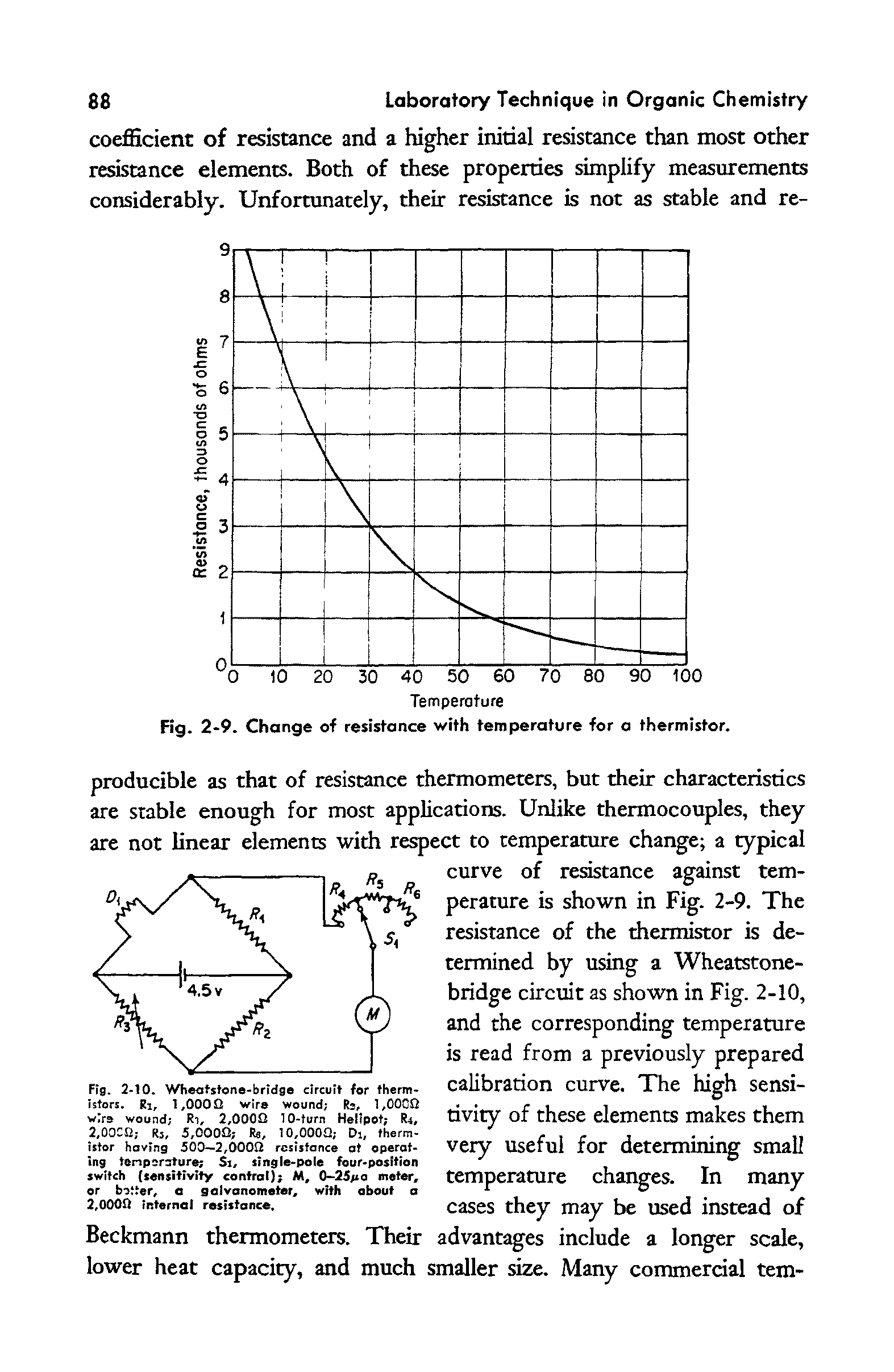 Fig. 2-10. Wheotstone-bridge circuit for thermistors. Ri, 1,0000 wire wound Rj, 1,OOCO wire wound Ri, 2,0000 10-turn Helipot R4, 2,OOCO R3, 5,0000 Re, 10,0000 Di, thermistor having 500—2,0000 resistance at operating tenpsrsture Si, single-pole four-position switch (sensitivity control) M, 0—25/sa met, or hotter, e galvanometer, with about a 2,0000 interne resistance.