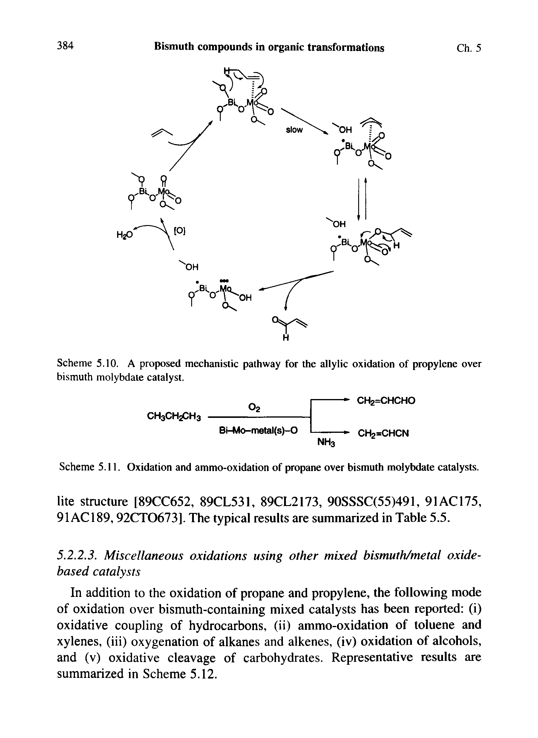 Scheme 5.10. A proposed mechanistic pathway for the allylic oxidation of propylene over bismuth molybdate catalyst.