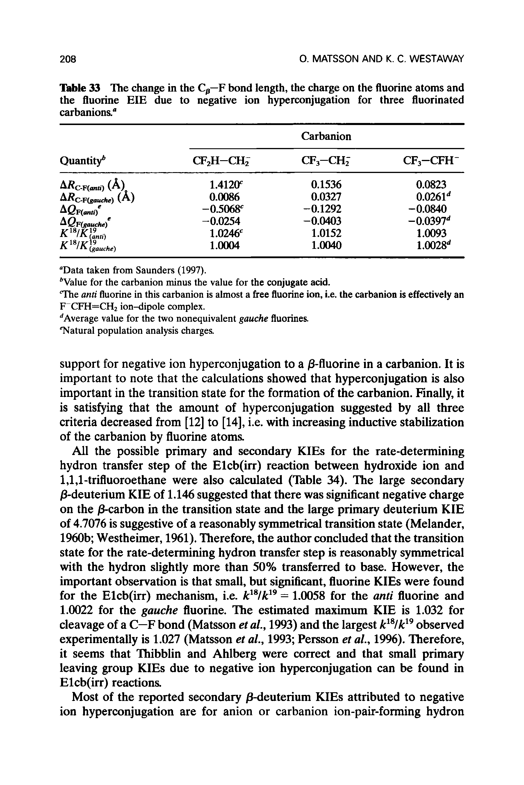 Table 33 The change in the Cp—F bond length, the charge on the fluorine atoms and the fluorine EIE due to negative ion hyperconjugation for three fluorinated carbanions.a...